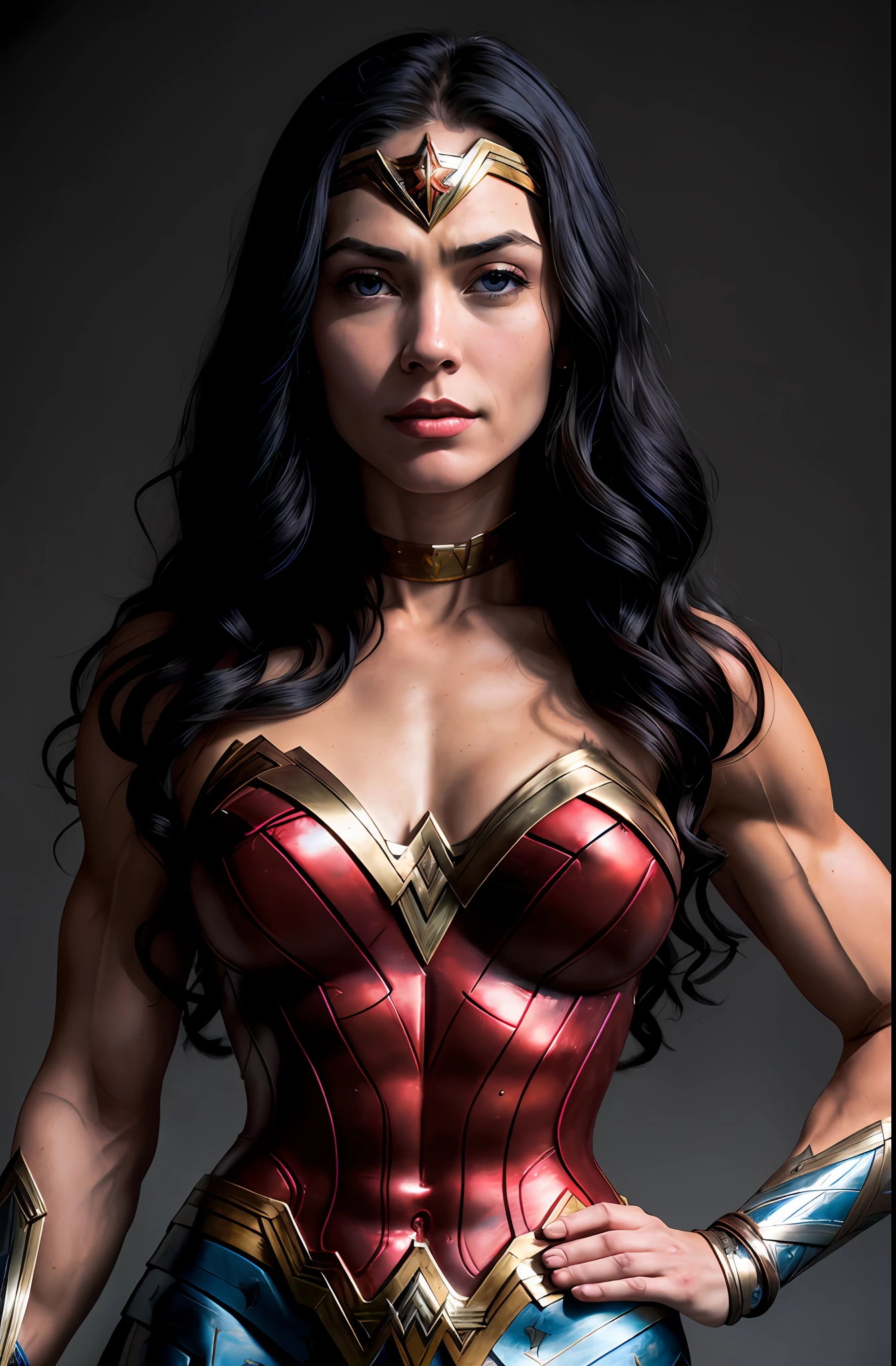 (Wonder Woman) portrait, smile, powerful realistic blue eyes, shiny dark hair, lips, long hair, makeup, natural skin texture, slightly suntanned skin tone, realistic, (Muscles 1.3), ((Strong and Fitness body) ), (((Extra Muscles))), (big breasts:1.2) thin waist, (perfect big ass and wide hips:1.2), (detailed skin), Adrian Ghenie, esao andrews, jenny saville, edward hopper, surrealism, Dark art by James Jean, takato yamamoto, inkpunk minimalism style.