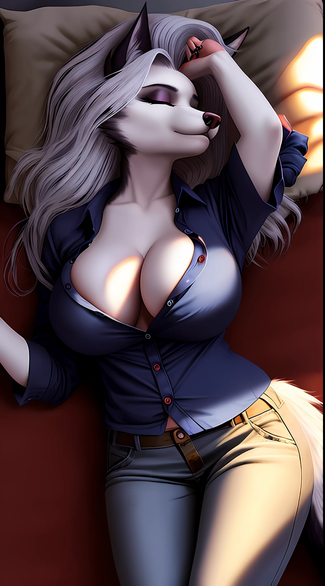 uploaded on e621, nsfw, raw photo, realistic, anthro, detailed face, detailed fur, snout, helluva boss, loona hellhound, loona, undone pants, in bedroom, big breast, (button up shirt), sleeping, eyes closed, boob outline, breast outline, cleavage, sexual pose, seductive pose