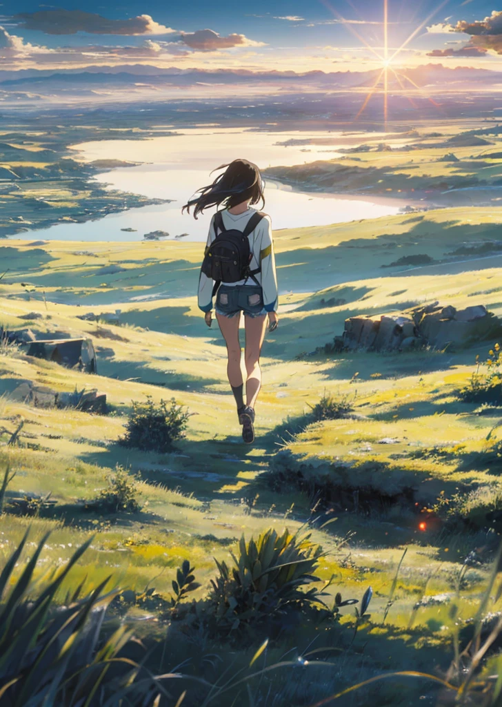 The vast sky, beautiful skyline, large grasslands, extremely tense and dramatic pictures, moving visual effects, the high-hanging Polaris, and colorful natural light. Long-sleeved top, denim shorts, and a girl with a backpack.
