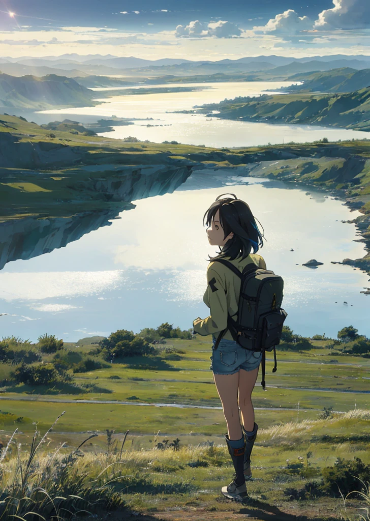 The vast sky, beautiful skyline, large grasslands, extremely tense and dramatic pictures, moving visual effects, the high-hanging Polaris, and colorful natural light. Long-sleeved top, denim shorts, and a girl with a backpack.