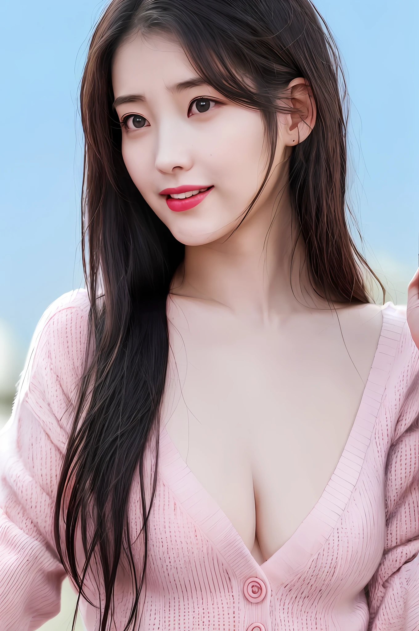 Realistic, textured skin, {best quality}, {highres}, beautiful and charming girl, 22 years old, focused, delicate round face, smiling, slender and charming figure, delicate and charming collarbone, shoulder length disheveled Hair, black hair, bright peach blossom eyes, pink lipstick, double eyelids, deep cleavage, (sky blue knitted cardigan sweater), walking in an empty street, confident and elegant posture, bright background