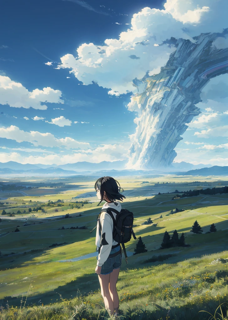 The vast sky, beautiful skyline, large grasslands, extremely tense and dramatic pictures, moving visual effects, the high-hanging Polaris, and colorful natural light. Long-sleeved top, denim shorts, and a girl with a backpack.