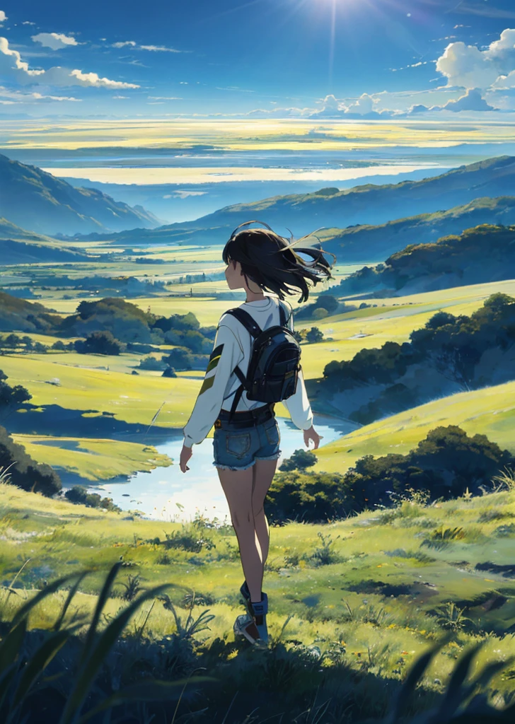 The vast sky, beautiful skyline, large grasslands, extremely tense and dramatic pictures, moving visual effects, the high-hanging Polaris, and colorful natural light. Long-sleeved top, denim shorts, and a girl with a backpack.