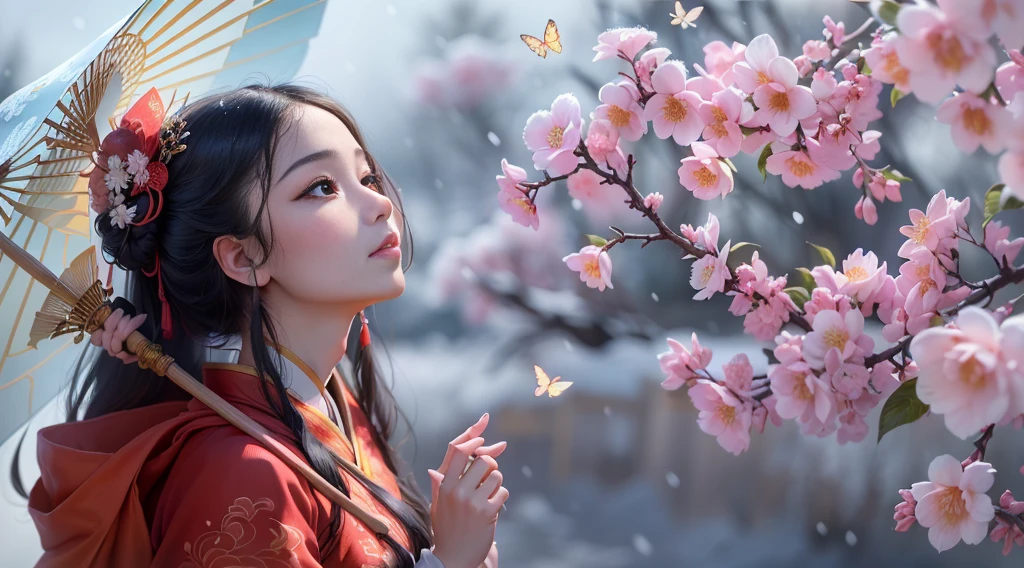 There is a woman in red dress holding a white umbrella, traditional Chinese white umbrella, wild snow scene, a girl in Hanfu, Hanfu, Chinese girl, Chinese woman, Chinese style, white Hanfu, red shawl, snowing, distant scene one A peach blossom tree, full of peach blossoms, a few villages of peach blossoms stretching down from the close-up view, a lot of peach petals floating in the air, heavy snow with goose feathers, 2 colorful butterflies flying, traditional Chinese clothing, cover photo Du's portrait Juan, portrait photo, China Princess, wearing red cheongsam, inspired by Tang Yifen, black haired goddess, beautiful brunette girl, oriental girl, master work, best picture quality, higher quality, high detail, super high resolution, 8k resolution, depth of field, Cinematography, Intricate detail, Elaborate, Meticulous, Magnificent, Maximum detail, Extreme beauty, (((1girl, solo))), 18age, Long hair, Black hair, White skin, Realistic, Masterpiece, (best picture quality), higher quality, high detail, super high resolution, panorama, exquisite facial features, perfect face, glowing skin, dreamy background, women, girls, angels, mini girls, goddesses, poets, shy, Surprise, shoulder-length hair, black hair, sharp and clear focus, three-dimensional silhouette, correct proportions, realistic portrait, face close-up, a very temperamental beautiful girl, slender figure, exquisite facial features, flowing long hair, Black hair, extremely detailed hair description, (collarbone), perfect face, clean and flawless face, long eyelashes, light pink eye shadow, shallow dimples, blush, watery big eyes crystal clear, delicate cream Glowing skin like skin, detailed skin details, CFG scale: 8, Hires upscale: 1.5, PT: Luo Tianyi, Shenli Linghua, LoRA: Hanfu 2.5D-4(0.3), Asian Face Girl-1(0.15) , OC rendering--V6