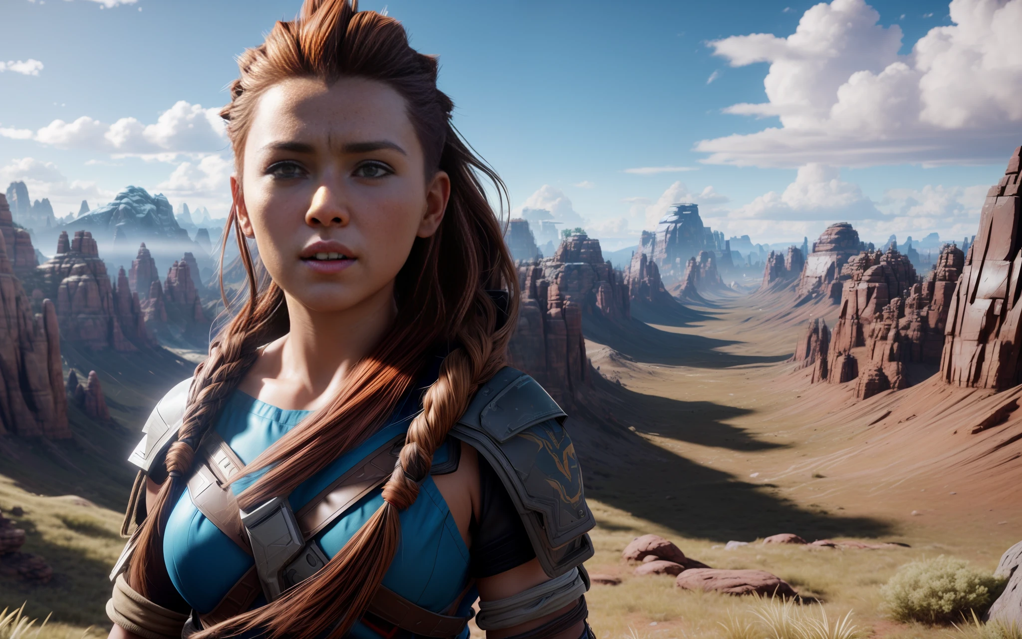 amazing beautiful background,epic movie poster ,professional photo portrait, Aloy from horizon zero down, real life photo, liveaction, on a top of a mountain, background for wallpaper, trending on artstation, unreal engine 5, beautiful clear natural lighting, professional lighting, dramatic lighting, FOV, depth of field