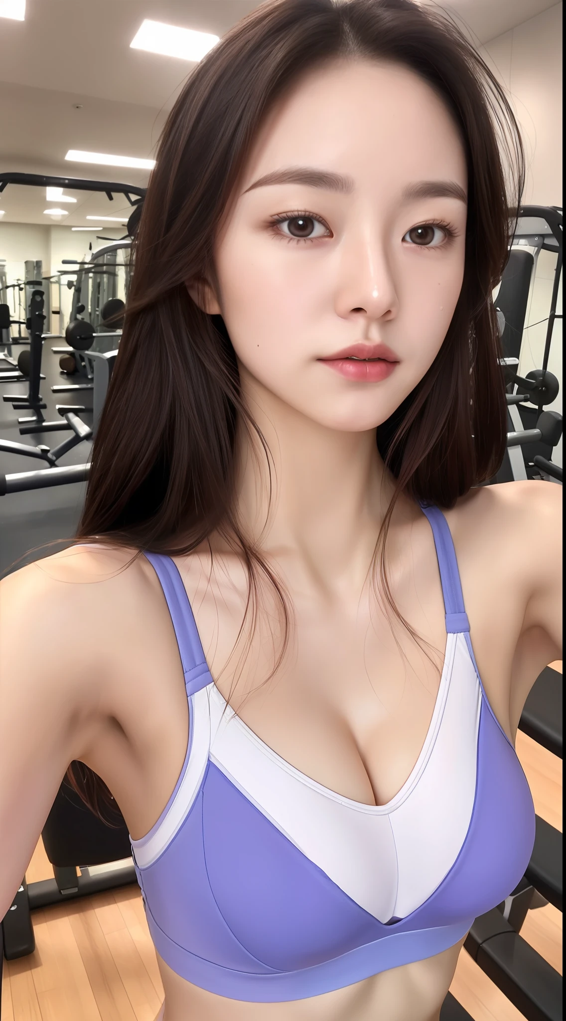 realistic photos of (1 cute Korean star) Shoulder-length hair, thin makeup, medium breasts, sports bra, in the gym, selfie, clear facial features of Canon EOS, 8K high resolution, sharp and realistic details.