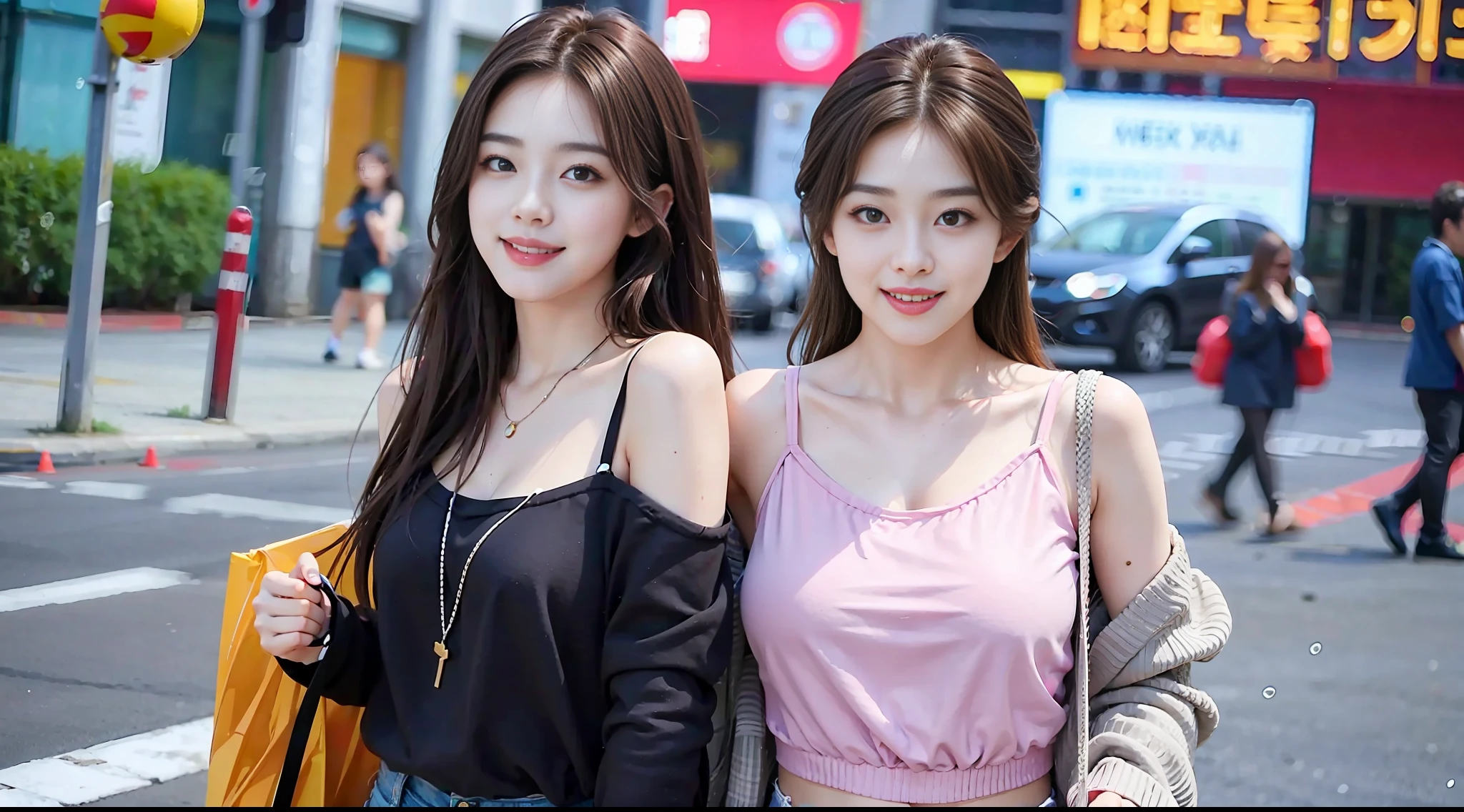 On the street, shorts, shorts, big breasts, sexy, Korean beauty, high definition, the most detailed face, smile, clear facial features, dark brown hair,