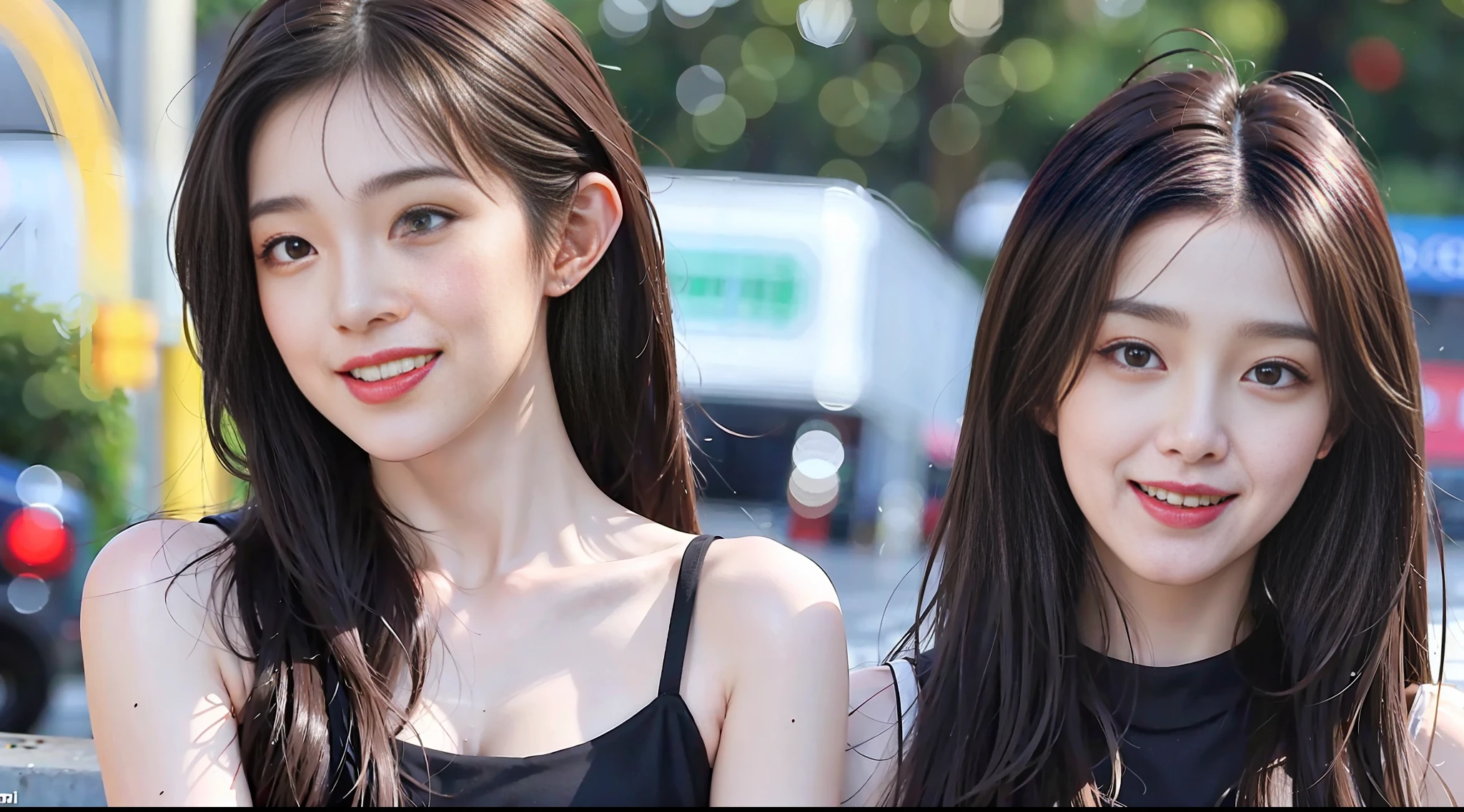 On the street, shorts, shorts, big breasts, sexy, Korean beauty, high definition, the most detailed face, smile, clear facial features, dark brown hair,