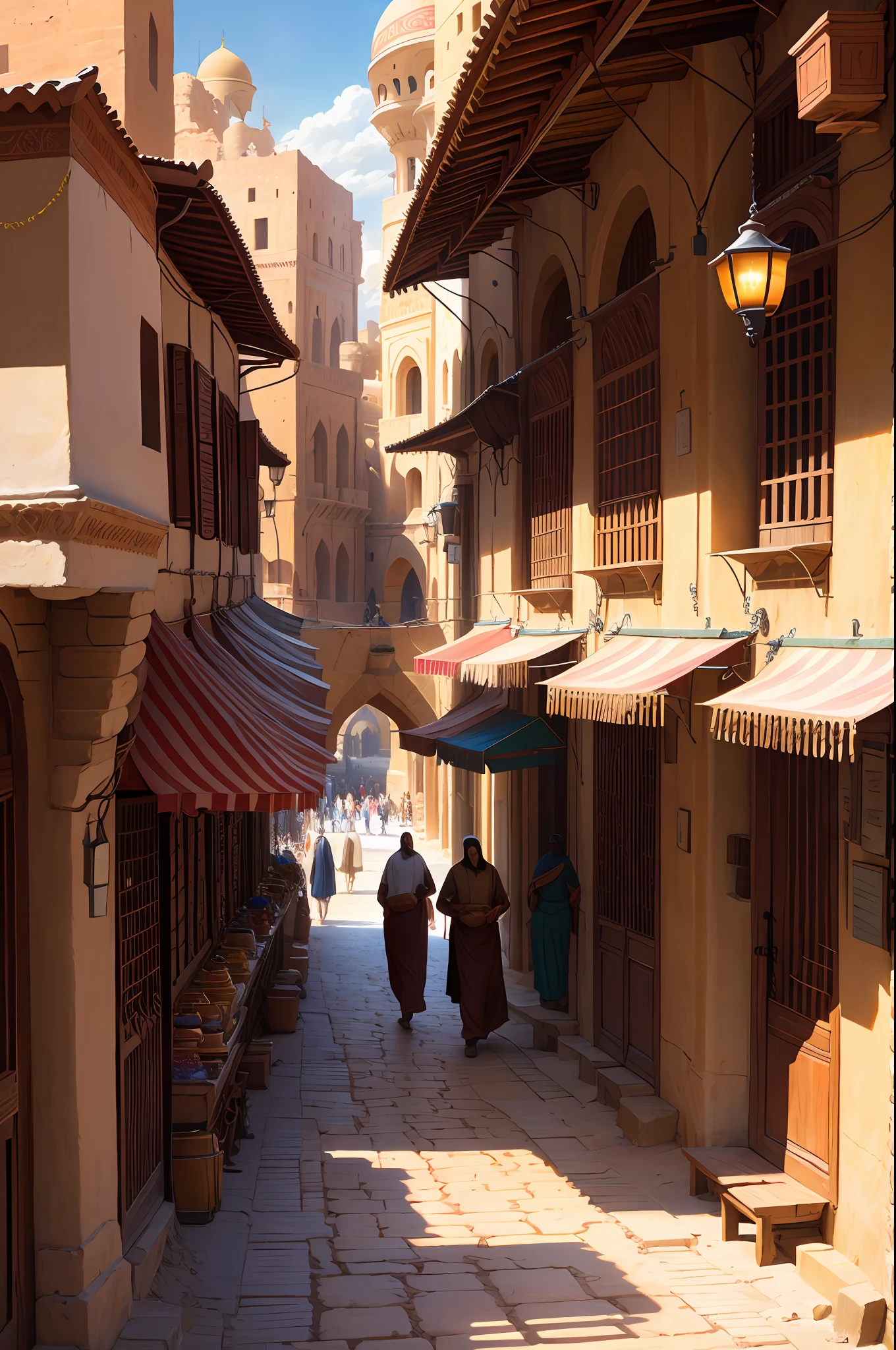 (ultra-detailed CG illustration, best quality), streets of an ancient city in the middle-east, desert environment, palm trees, bridges, hot, sunny sky, a few clouds, full of people and livestock and carriages, historic bazars, ancient, old, dynamic atmosphere, lively, intricate details, cinematic lighting, bustling crowds, dynamic angle, colorful atmosphere, maximalism.