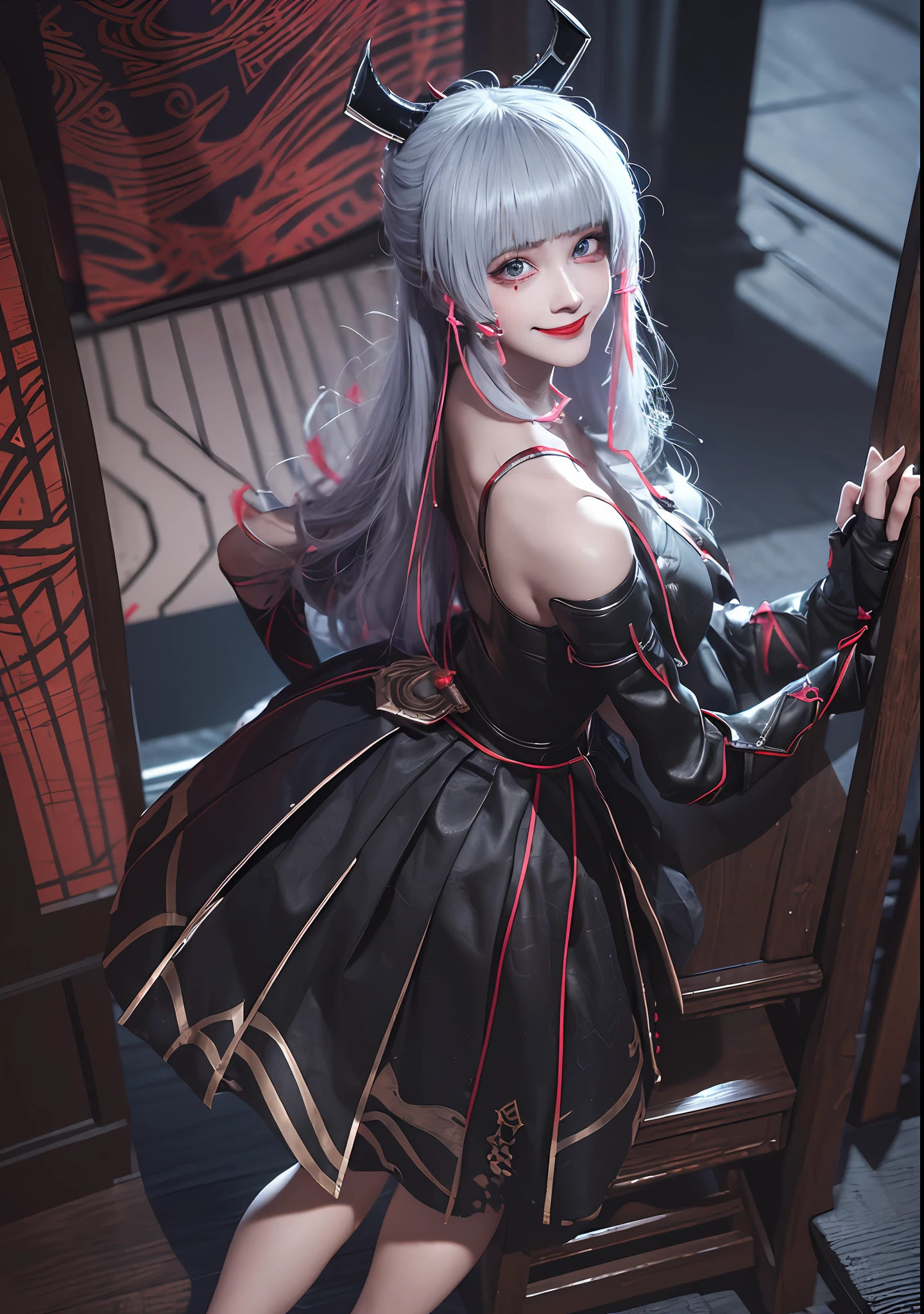 (Masterpiece, Best Quality), A colleague was brainwashed by the dark energy and became a demon, Dark energy, evil eyes, evil smile, dark girl, corruption girl, dark woman, evil energy, villain, villainess, full_body, whole body, (evil grin, coquettish grin,),