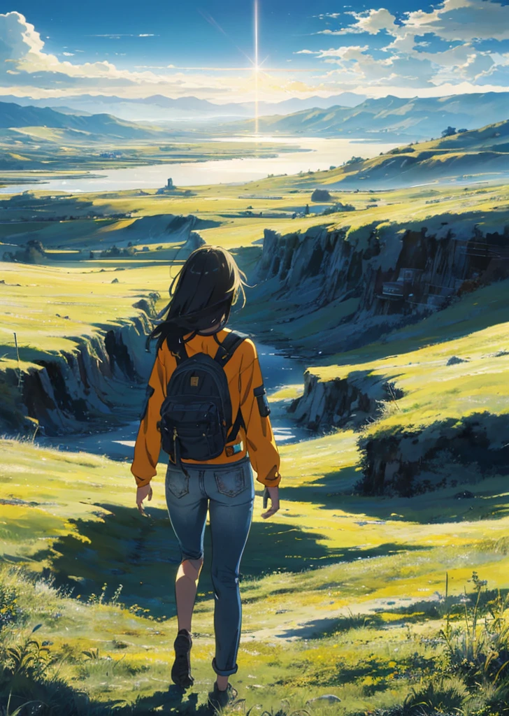 The vast sky, beautiful skyline, large grasslands, extremely tense and dramatic pictures, moving visual effects, the high-hanging Polaris, and colorful natural light. Long-sleeved top, denim shorts, and a girl with a backpack.