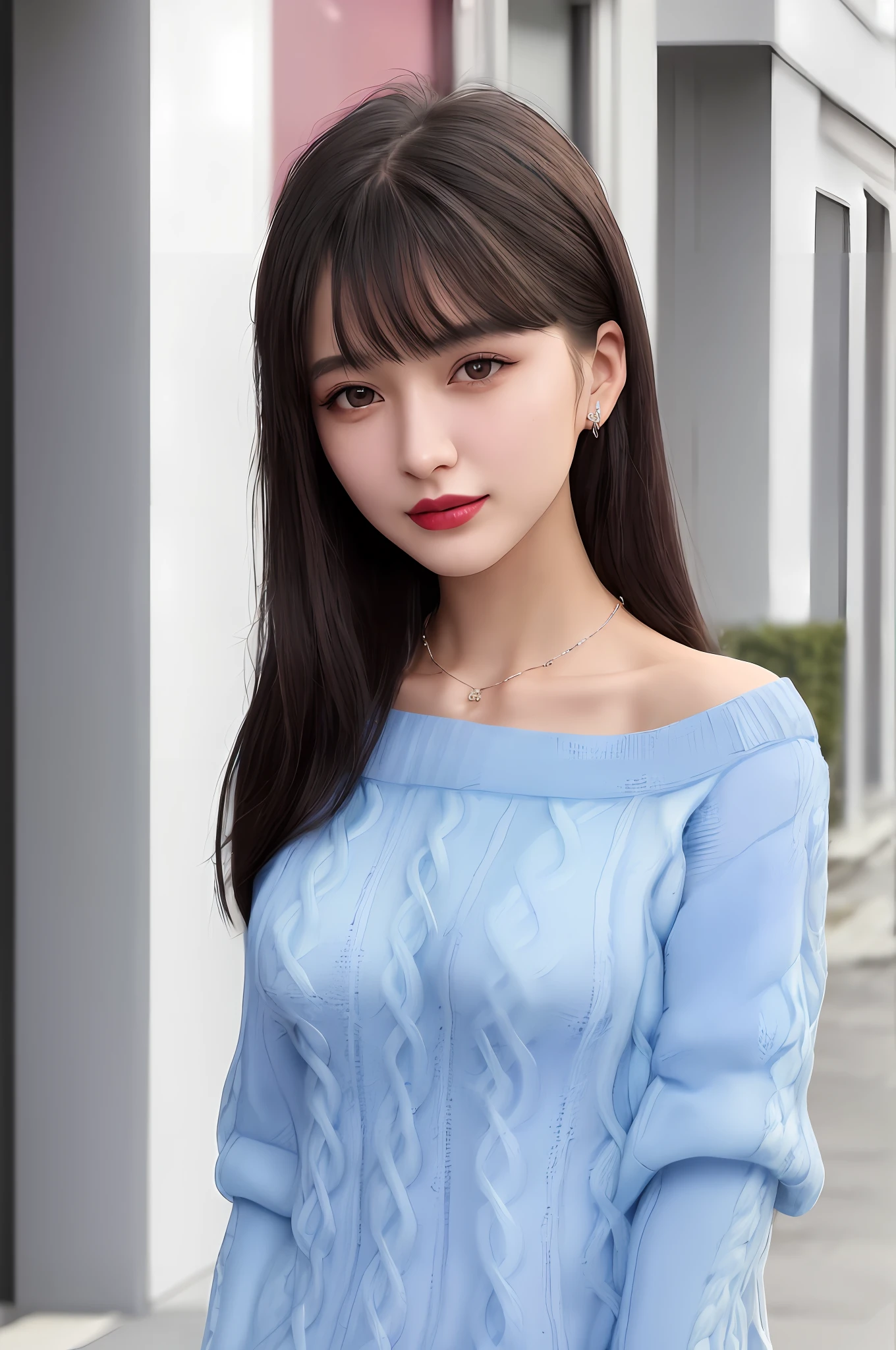 Realistic, textured skin, {best quality}, {highres}, beautiful and charming girl, 22 years old, focused, delicate and charming face, smiling, slender and charming figure, delicate and charming collarbone, sapphire necklace, Shoulder-length messy hair, black hair, bright peach blossom eyes, pink lipstick, double eyelids, deep cleavage, (sky blue knitted sweater), walking in an empty street, confident and elegant posture, bright background