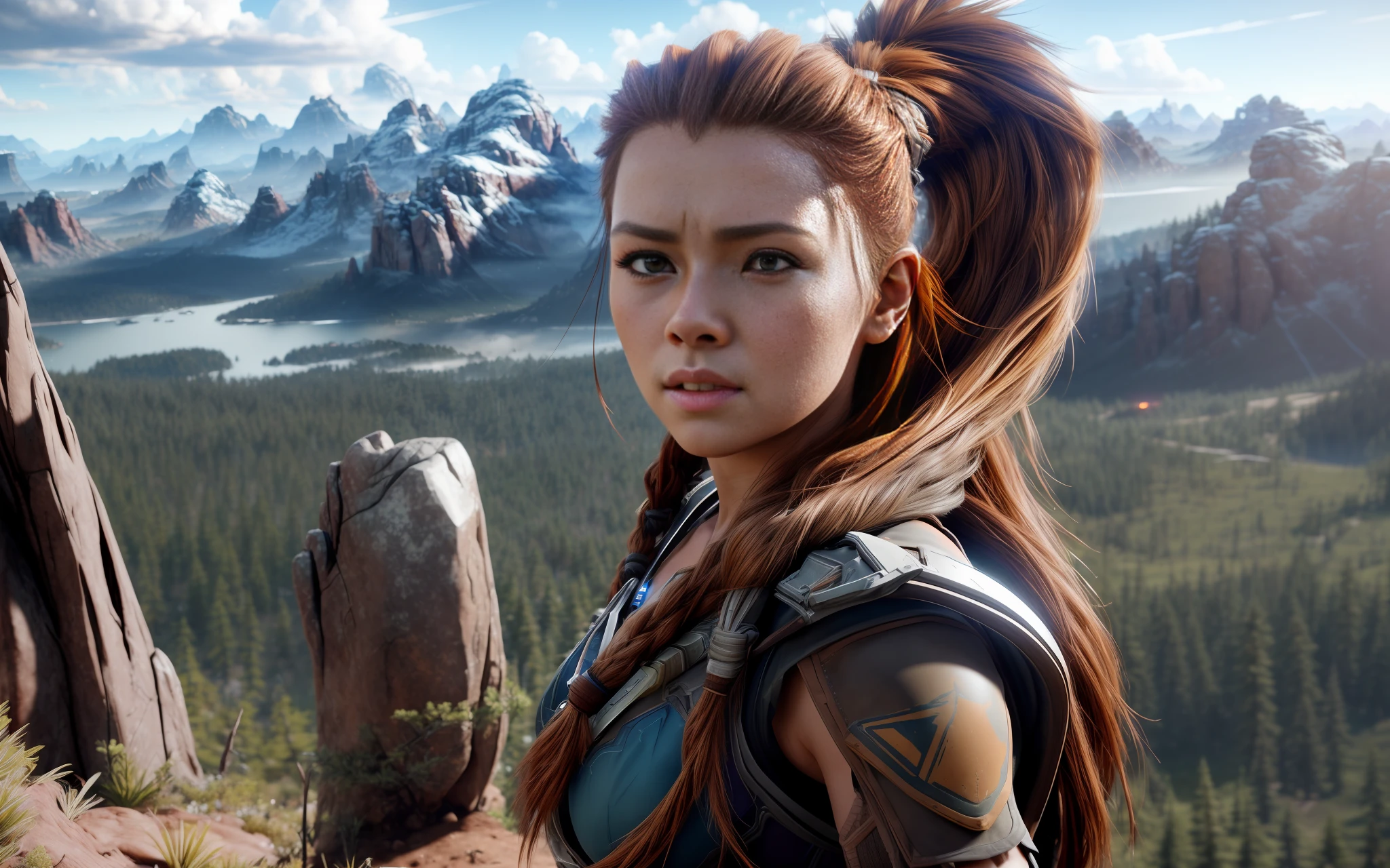 amazing beautiful background,epic movie poster ,professional photo portrait, Aloy from horizon zero down, real life photo, liveaction, on a top of a mountain, background for wallpaper, trending on artstation, unreal engine 5, beautiful clear natural lighting, professional lighting, dramatic lighting, FOV, depth of field