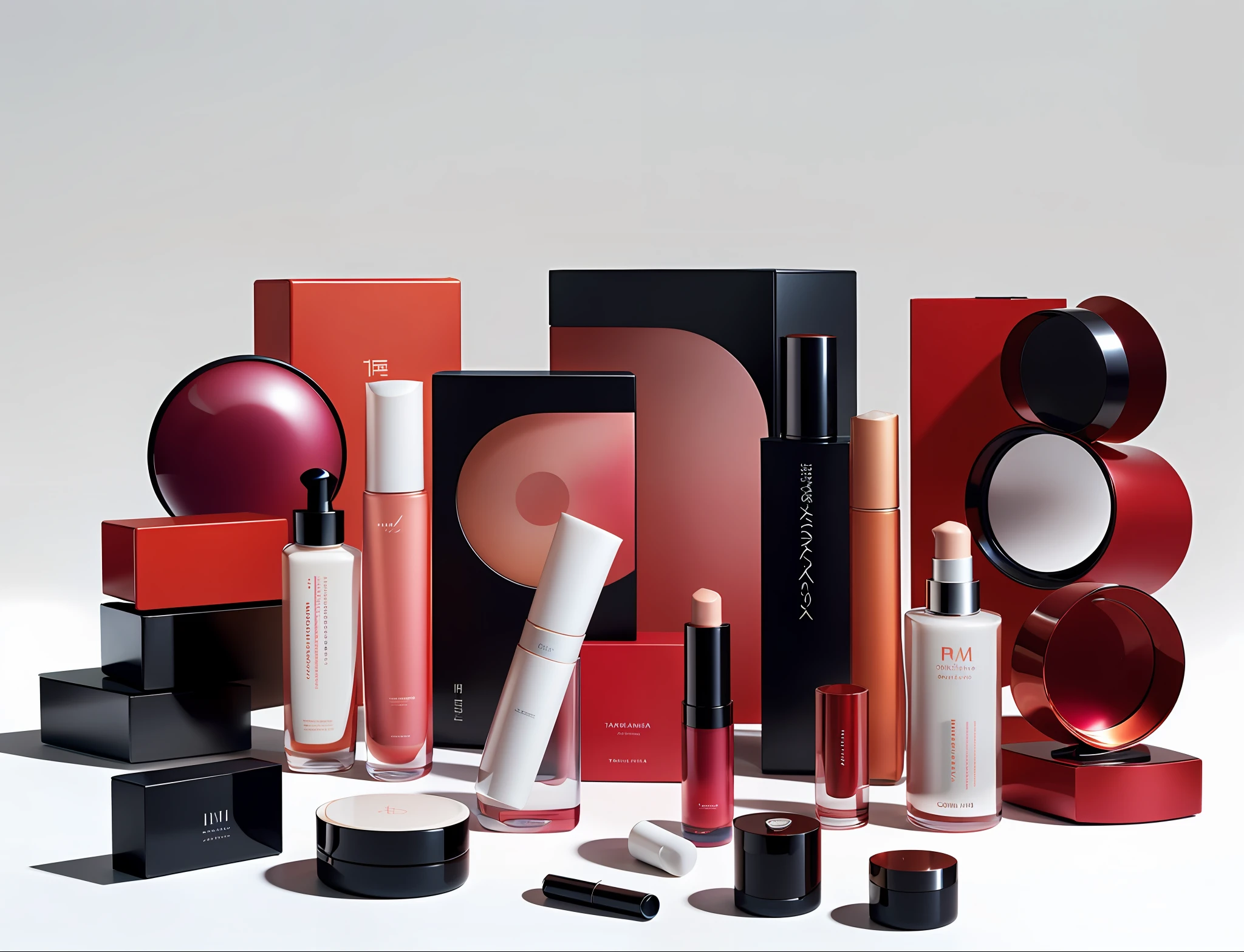 a close up of a group of cosmetics products on a white surface, by Thomas Häfner, japanese collection product, by Tadashi Nakayama, by Tanaka Isson, line sleek, dramatic product lighting, beauty campaign, by Ingrida Kadaka, vibrant tones, by Kiyohara Tama, products shot, by Luis Miranda, sleek flowing shapes