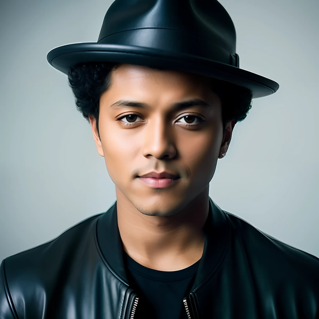 Bruno Mars, smiling, wearing brown leather outfit with sparkling gloss, background light neon gradient, original analog style, captivating gaze, captivating expression. The background should be neutral and simple, paying close attention to details such as the highlights and shadows on his face and hair to create a realistic and realistic image. Experiment with different lighting techniques to enhance the mood and mood of your portraits. Highly detailed skin, skin detail, sharp focus, volumetric fog, 8k uhd, dslr, high quality, film grain, fujifilm xt3, (best quality: 1.4), (masterpiece: 1.4), (detail: 1.3)