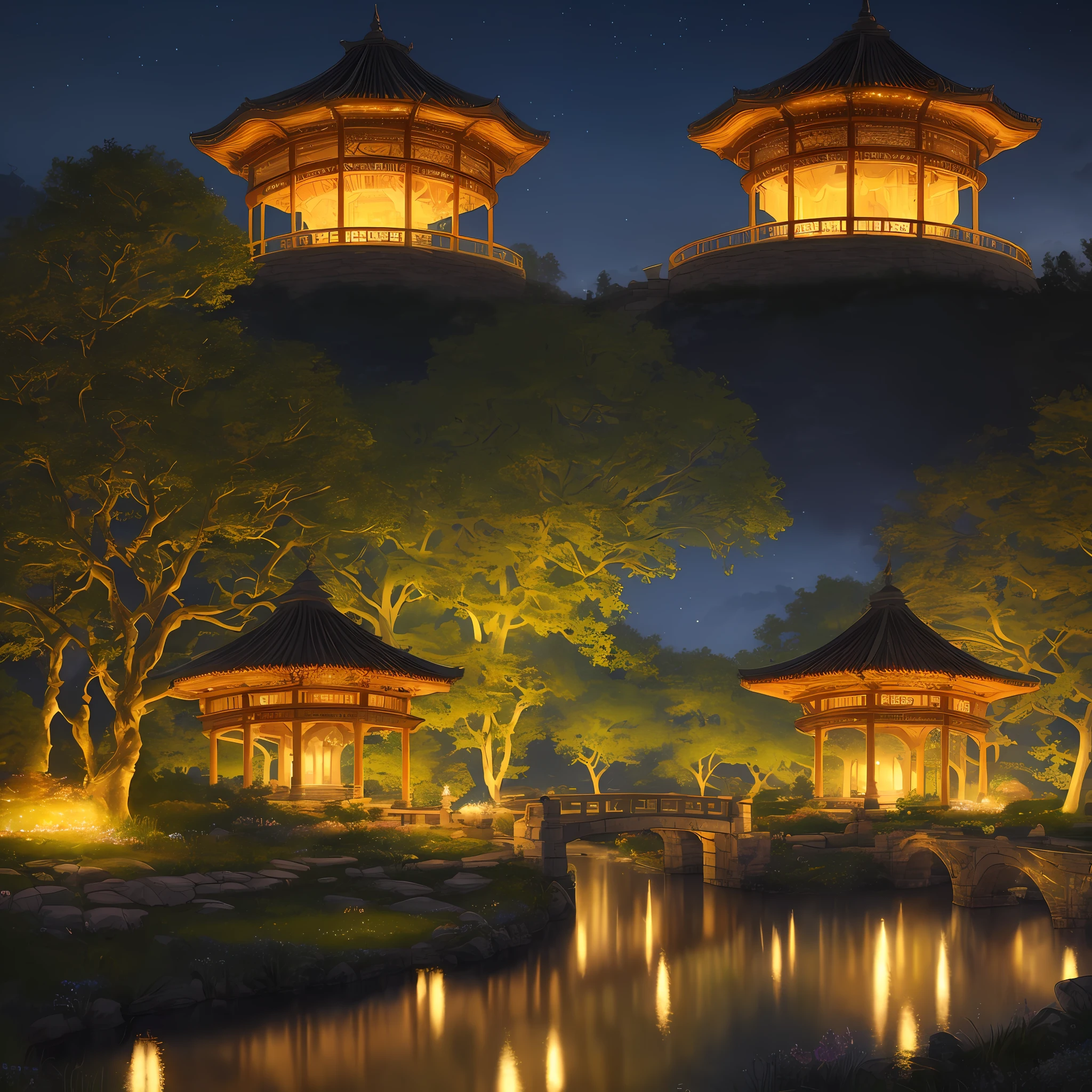 The picture shows a night scene, with small rivers, grasslands, glowing flowers, promenades and ancient pavilions. The whole scene is lit up and looks very beautiful and mysterious. Luminous flowers are blooming on the grass, and the flowers are shining brightly, just like being in a fairy tale world. Both the promenade and the ancient pavilion are illuminated with clear outlines, adding a lot of historical and cultural heritage to the picture. The whole scene is very romantic and warm, making people feel a kind of tranquility and beauty. Ultra-realistic, realistic, 34k resolution, photo-level.