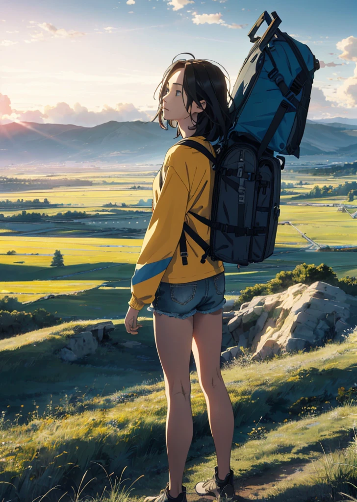 The vast sky, beautiful skyline, large grasslands, extremely tense and dramatic pictures, moving visual effects, the high-hanging Polaris, and colorful natural light. Long-sleeved top, denim shorts, and a girl with a backpack.