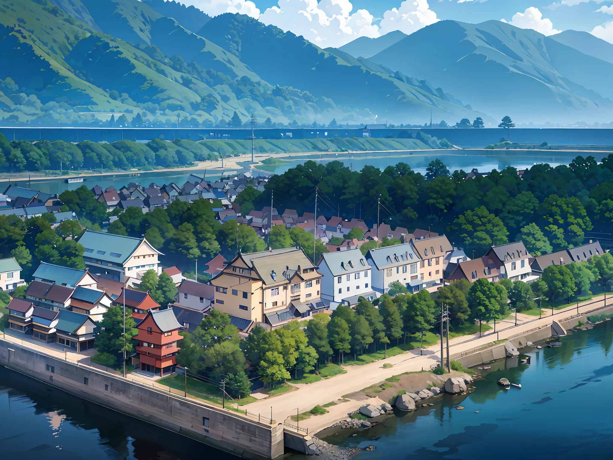 (Japanese town Landscape), (Hayao Miyazaki Style), cartoon, japanese rarely townhouse, road, bend, small house, tree, pole, white cloud, calm landscape, outdoor, green trees, epic composition, realistic lighting, high-definition detail, masterpiece, the best quality, (very detailed CG unified 8k wallpaper), --v6