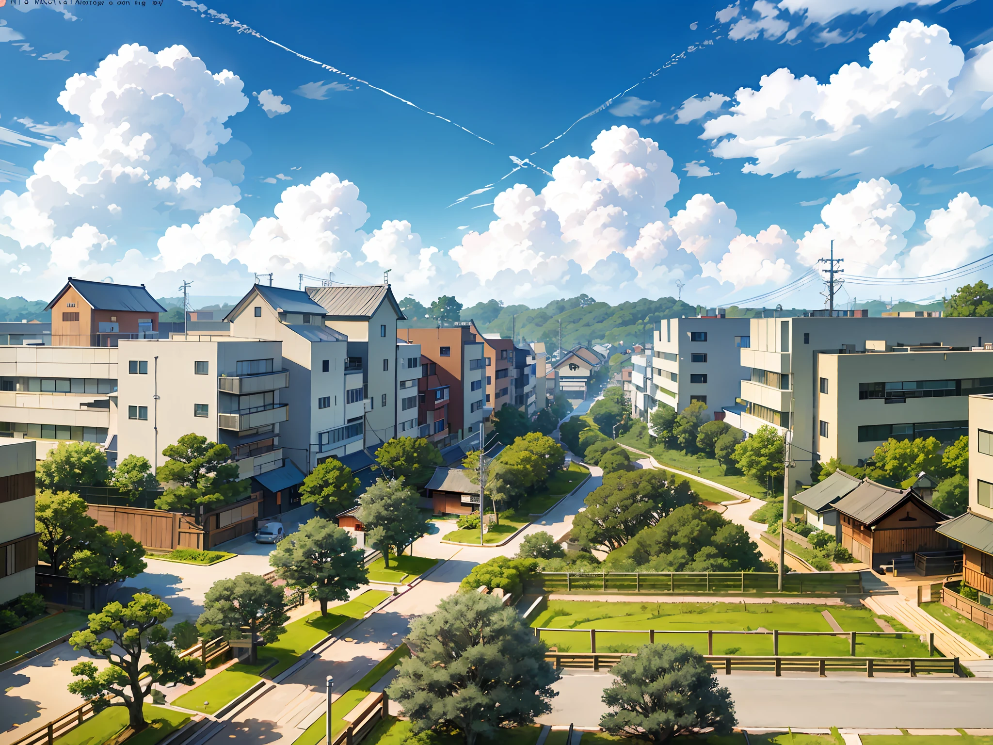 (Japanese town Landscape), (Hayao Miyazaki Style), cartoon, japanese townhouse, road, bend, small house, tree, pole, white cloud, landscape, outdoor, green trees, epic composition, realistic lighting, high-definition detail, masterpiece, the best quality, (very detailed CG unified 8k wallpaper), --v6