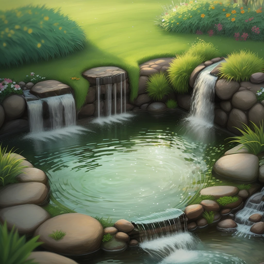 Green lawn, water flow, bokeh, cosmetics