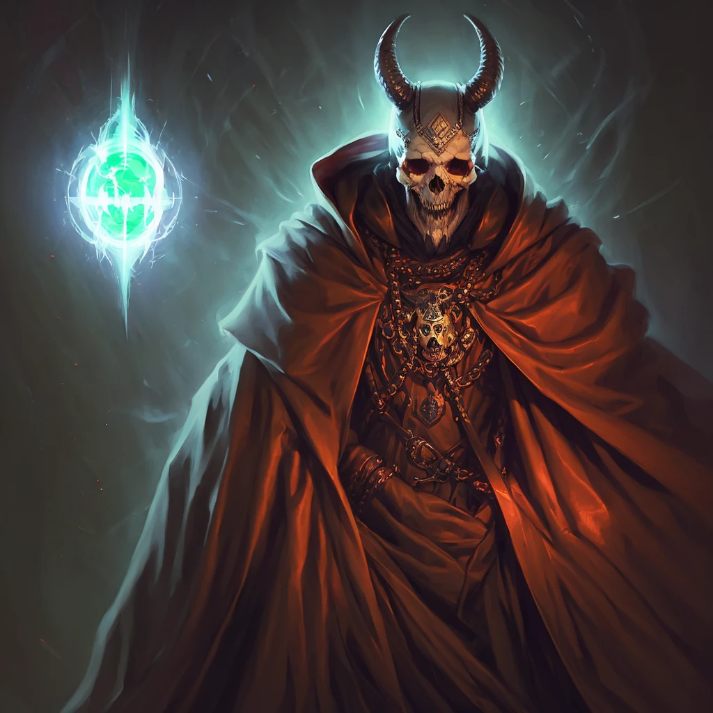 there is a painting of a skull with a cloak and a hood, hooded skull, dress of Ainz Ooal, skull like, metabaron, lich, portrait of the god of death, death itself, his head is a skull, the king of death, portrait of a god of death, king of the reaper time, portrait of a necromancer saint, God of death, there is a cartoon picture of a demon man with a red light, benedic bana, pira, hell, demon noble character design, krenzcushart, great character design, duelyst style, ryan hewett, dark concept art, by Lisa Nankivil, hades portrait, sachin teng, interesting character design