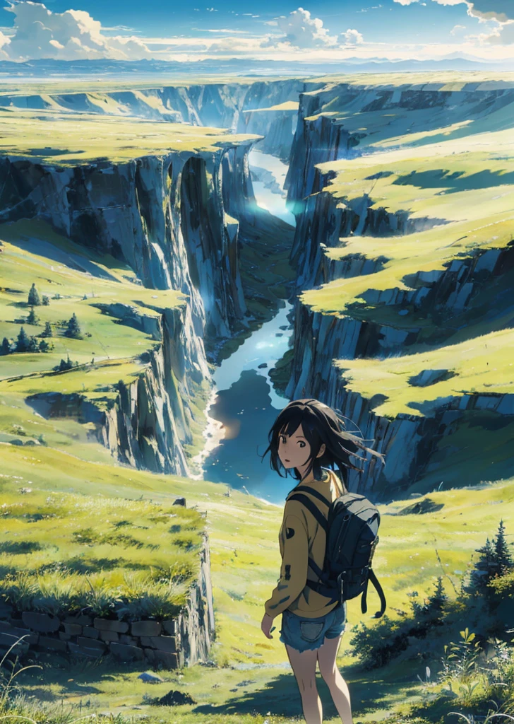 The vast sky, beautiful skyline, large grasslands, extremely tense and dramatic pictures, moving visual effects, the high-hanging Polaris, and colorful natural light. Long-sleeved top, denim shorts, and a girl with a backpack.