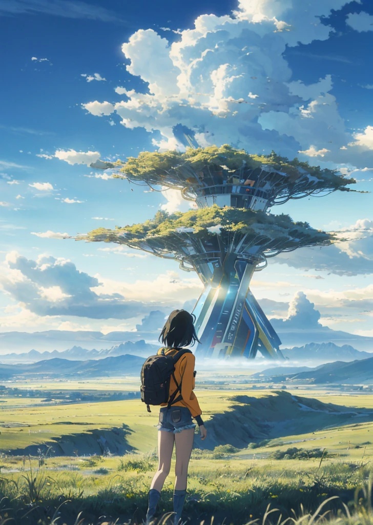 The vast sky, beautiful skyline, large grasslands, extremely tense and dramatic pictures, moving visual effects, the high-hanging Polaris, and colorful natural light. Long-sleeved top, denim shorts, and a girl with a backpack.