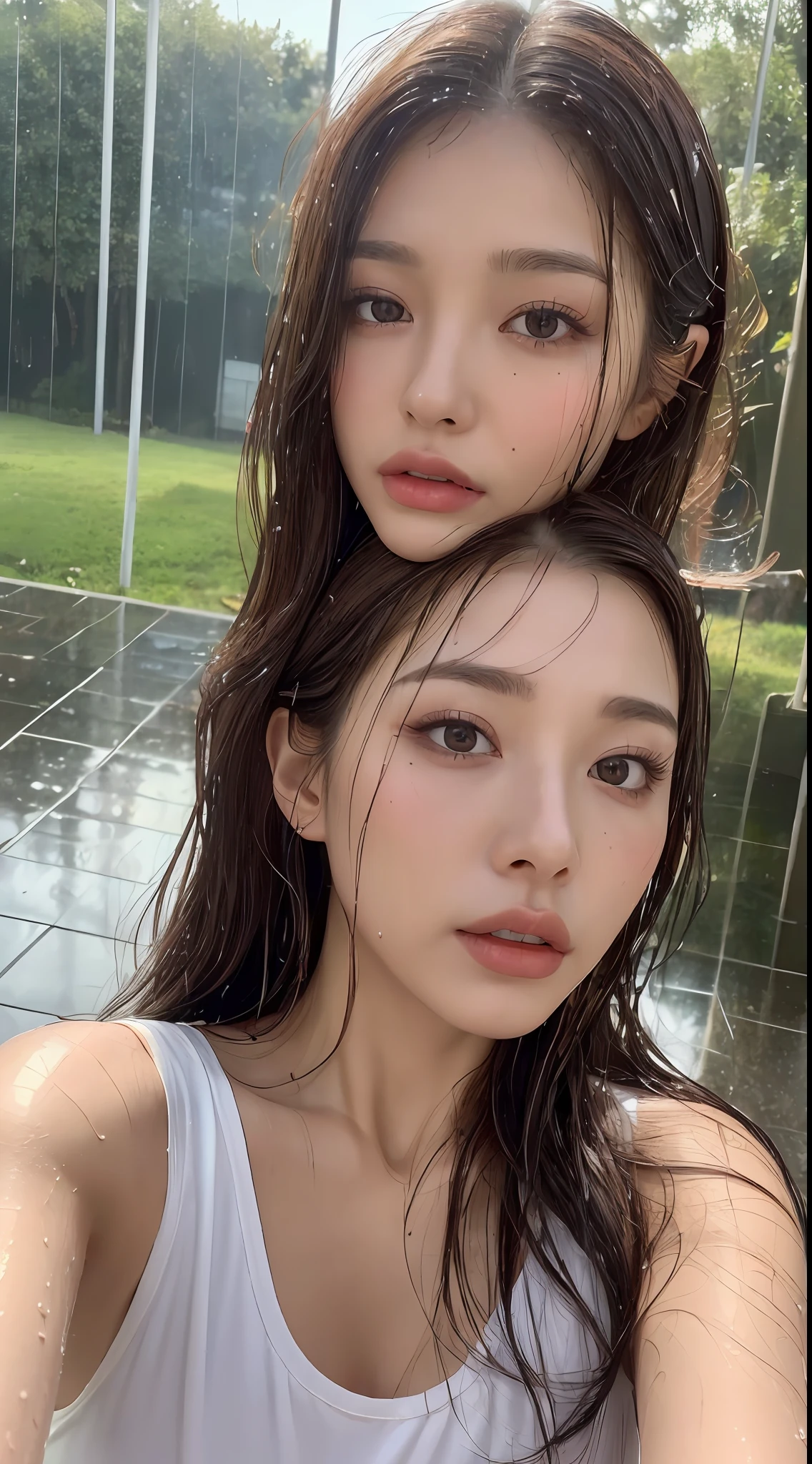 (Best quality, 4k, Masterpiece :1.3), pretty woman, 1girl, sexy :1.1, dark brown hair: 1.1, (rainy wet, wet from rain, wet body :1.2), white tank tops, ultra-detailed face, detailed lips, detailed eyes, double eyelid