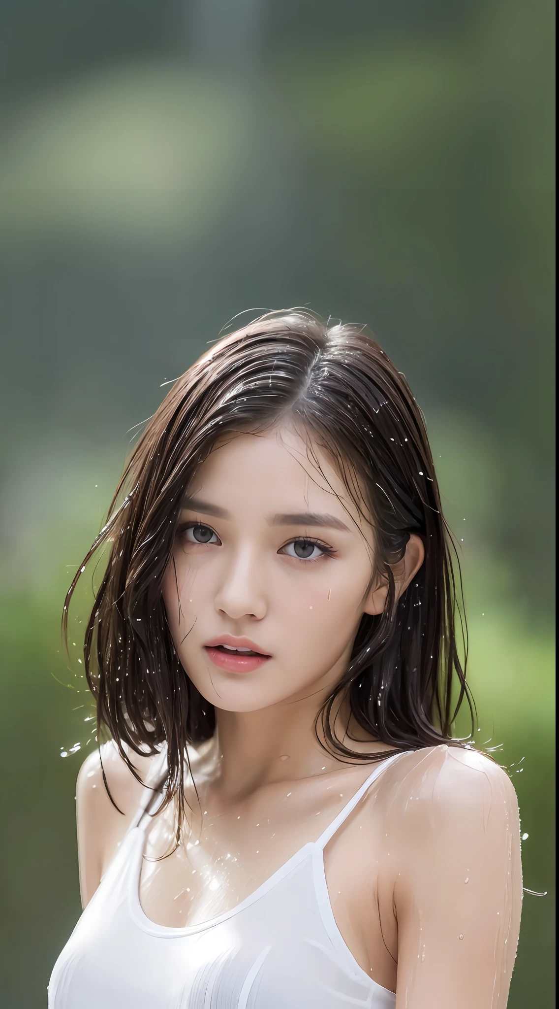 (Best quality, 4k, Masterpiece :1.3), pretty woman, 1girl, sexy :1.1, dark brown hair: 1.1, (rainy wet, wet from rain, wet body :1.2), white tank tops, ultra-detailed face, detailed lips, detailed eyes, double eyelid