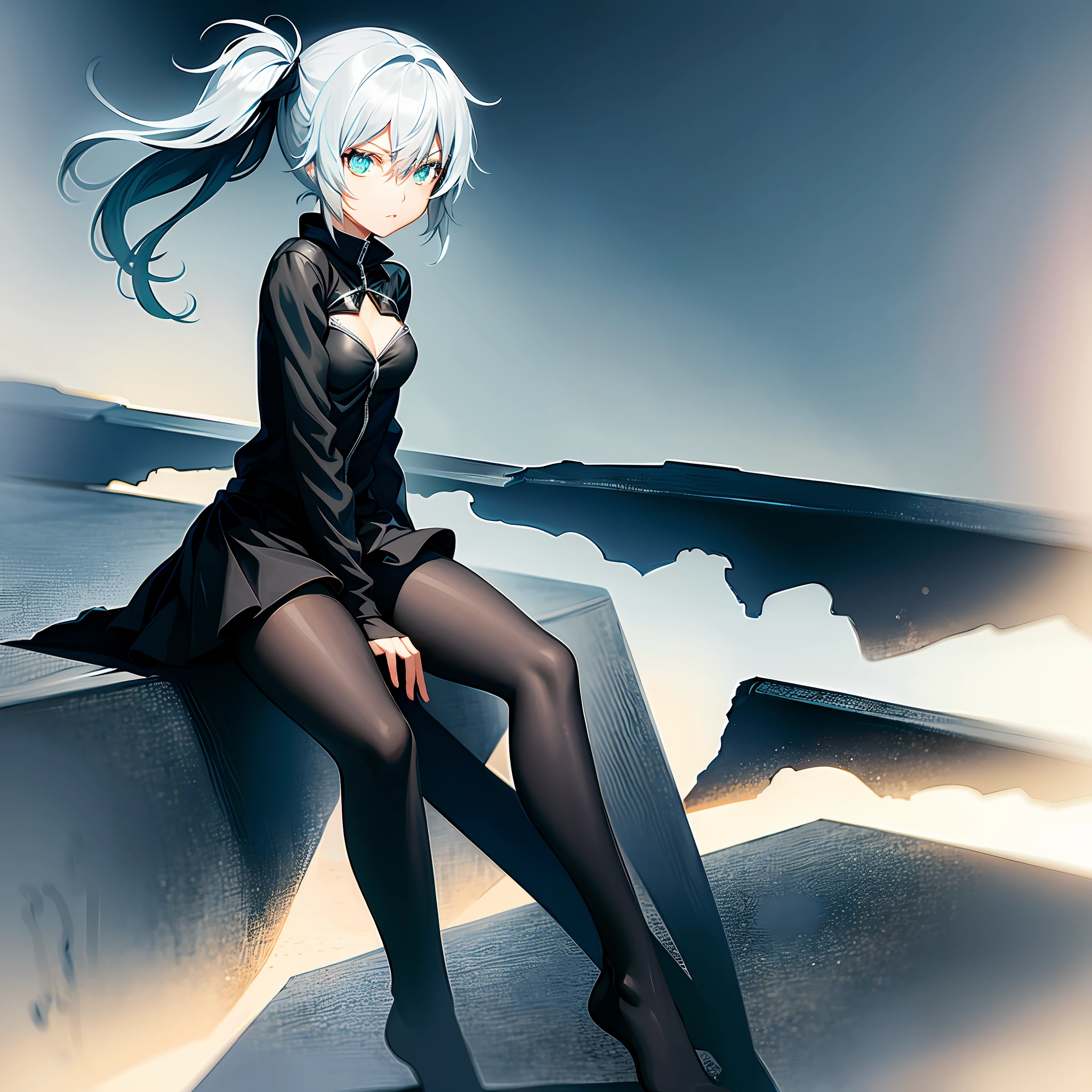 (Black Rock Shooter), 1 female, solo, sideways, exquisite eyes, double ponytails, full body, green eyes, posing, expressionless face, black pantyhose, silver hair, gray shirt, black underwear