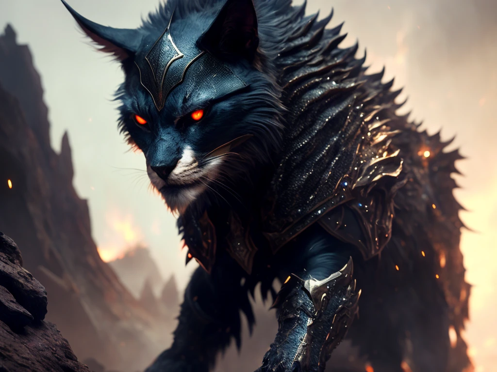 demonic looking cat with glowing eyes walking on rocky terrain, armored feline companion, cat warrior, armored cat, dramatic cinematic detailed fur, 4k highly detailed digital art, 4k fantasy art, fantasy art behance, epic fantasy digital art style, 4 k detail fantasy, trending on artstation 4k, the dark god of cats, 8k high quality detailed art
