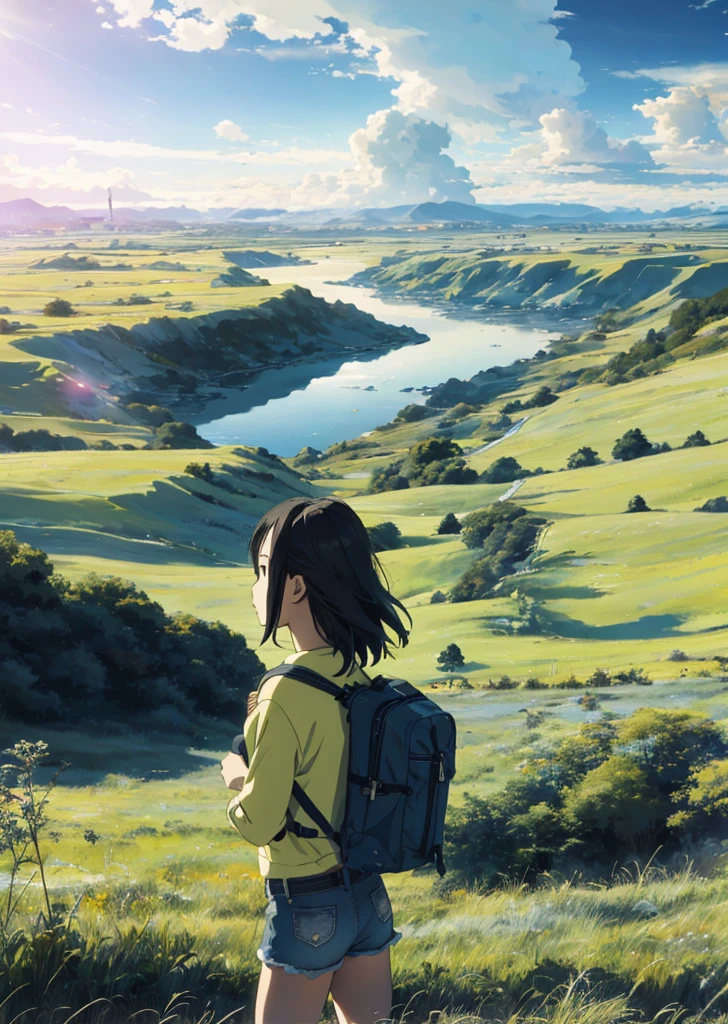 The vast sky, beautiful skyline, large grasslands, extremely tense and dramatic pictures, moving visual effects, the high-hanging Polaris, and colorful natural light. Long-sleeved top, denim shorts, and a girl with a backpack.