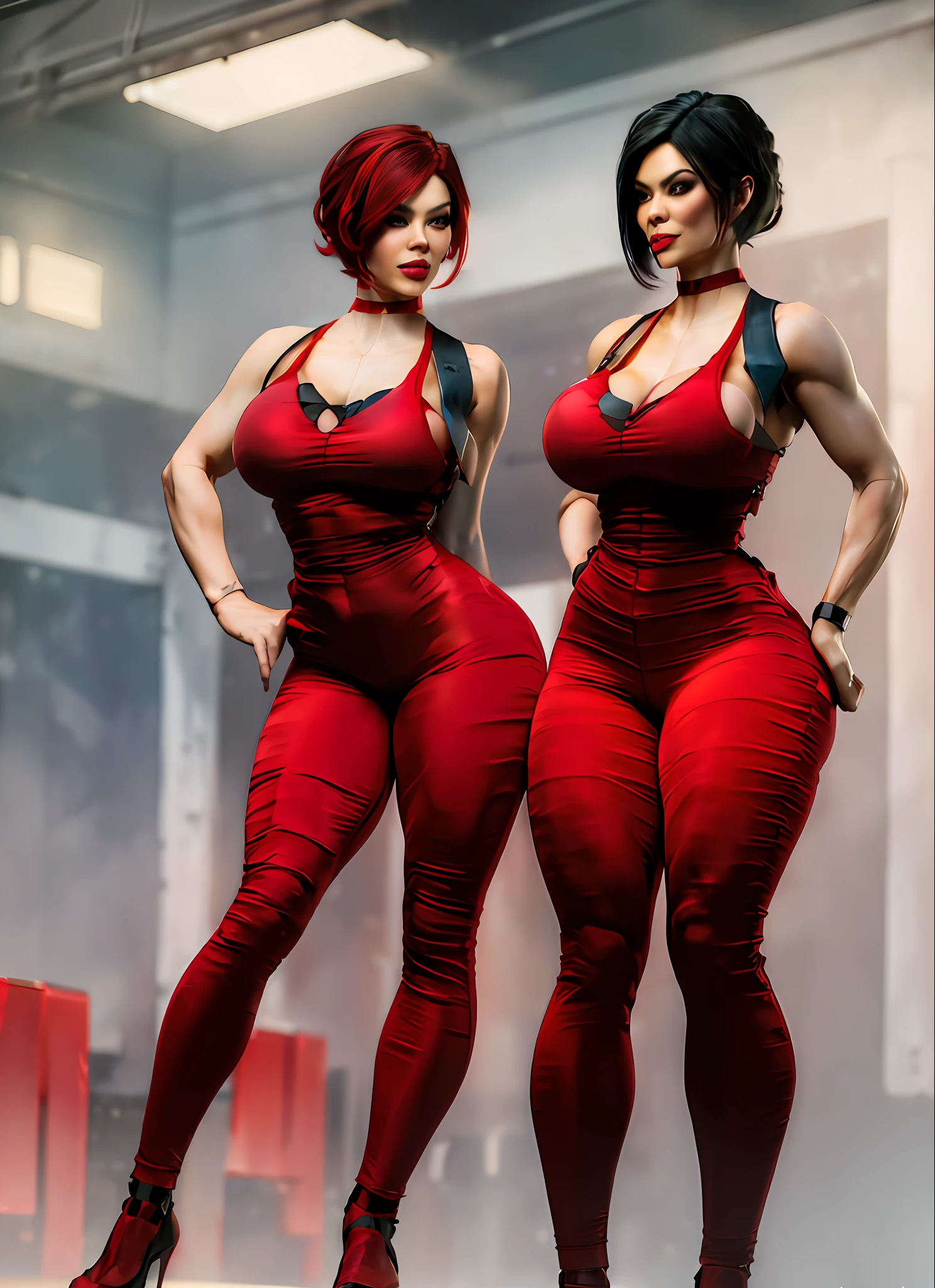 a woman in a red top and red pants posing for a picture, digital art by Adam Rex, tumblr, digital art, sexy body, red bra, fitness model, sexy hot body, sexy body and face, red body suit, great body, attractive body, perfect body, tight attire, busty, tight outfit, perfect body and face, curvy build, breath taking