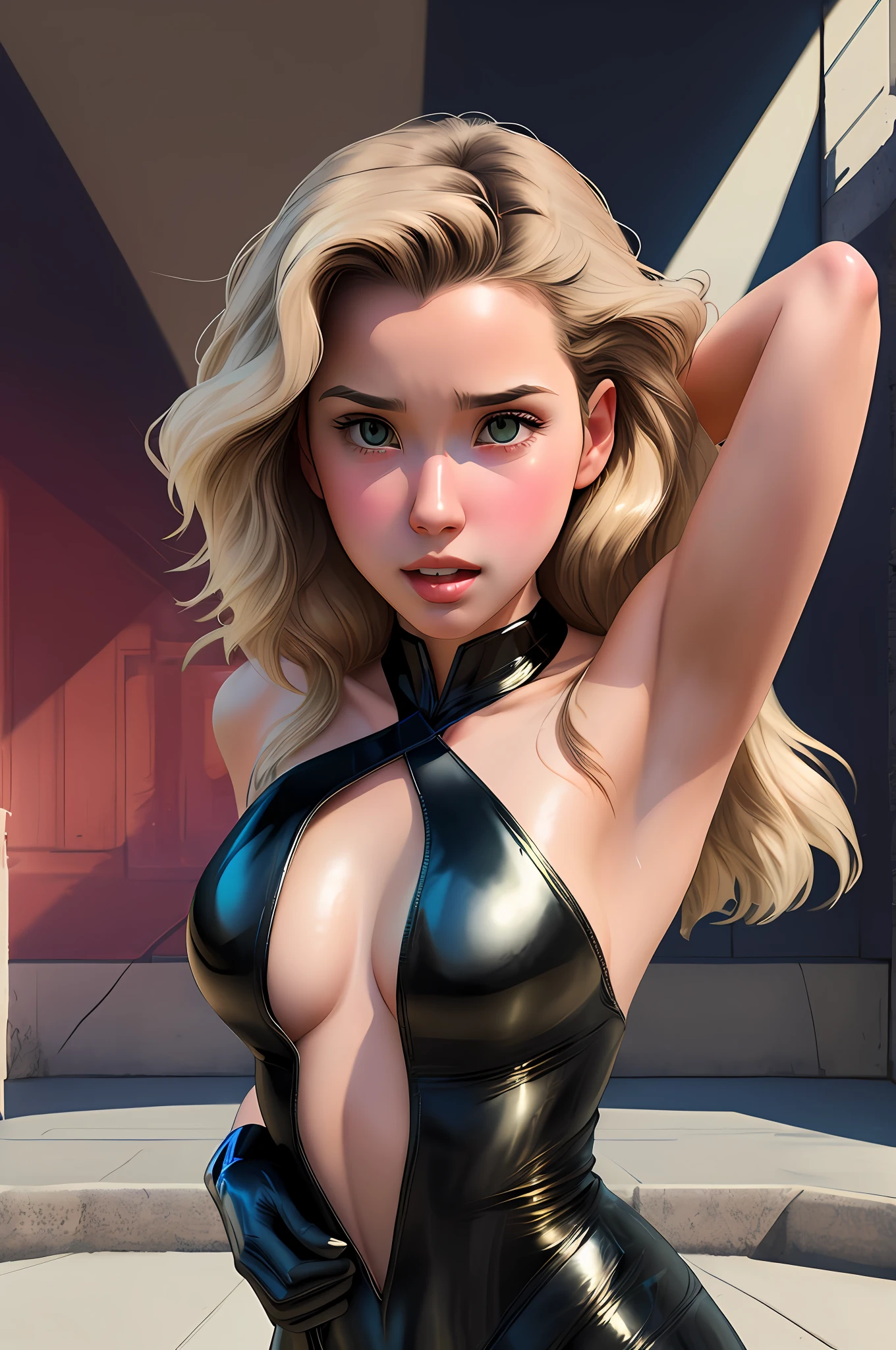 (dreamlikeart style:0.8),( redshift style:1.1),(analog style:1.11), (studio_ghibli_anime_style style:0.8), (copeseethemald style:0.9), glossy, thepit bimbo,

[Kay Adams|Tea Leoni], woman, 1girls, solo, detailed face,  symmetric, cute,  plunging neckline,  small breast, lips, green eyes,realistic pupils, full body,

blonde hair, superhero, leather outfit,

centered, looking down, standing, centered, skin pores, realistic skin, subsurface skin scattering, detailed skin, shiny skin, midriff,

bunker, detailed background, items,
realistic proportions, blushing, retro, 1800s, vintage,

light rays, caustics, 

masterpiece, best quality, realistic, hyperrealistic,  sharp focus, absurdres, good anatomy,