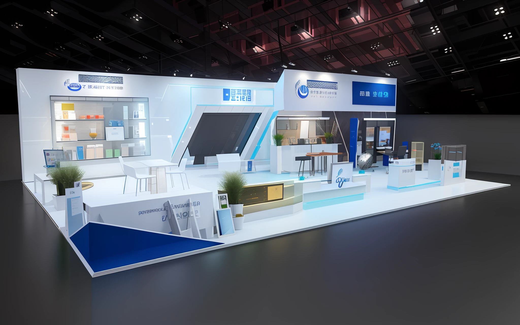 a close up of a trade show booth with a table and chairs, exhibition hall lighting, exhibition display, exhibition, booth. pm, 2 d cg, cg artist, jinyiwei, cg rendering, displayed in the exhibition hall, show room scene, clean digital render, 3d cg, 3 d cg, photograph of 3d ios room, zmonzheng