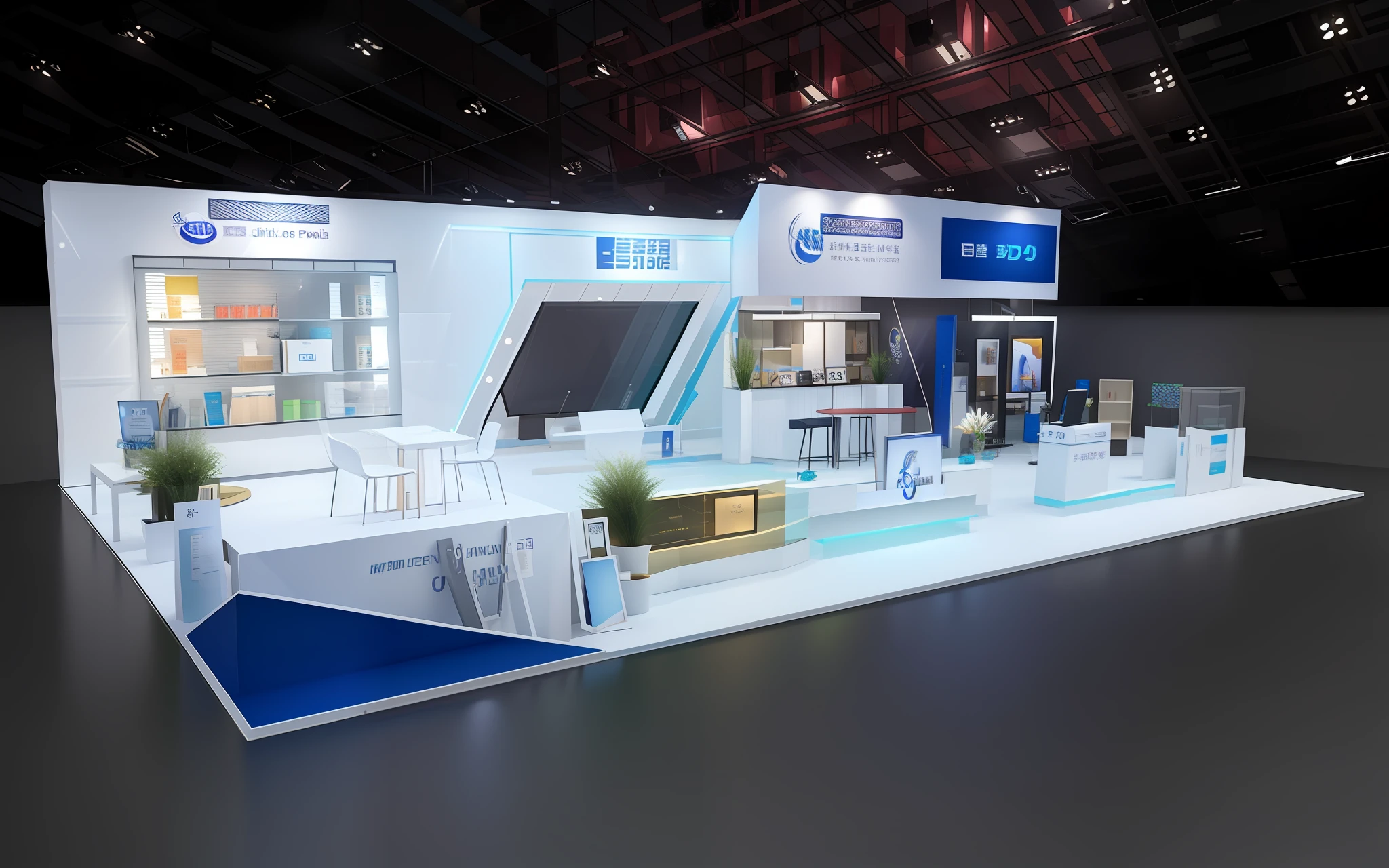 a close up of a trade show booth with a table and chairs, exhibition hall lighting, exhibition display, exhibition, booth. pm, 2 d cg, cg artist, jinyiwei, cg rendering, displayed in the exhibition hall, show room scene, clean digital render, 3d cg, 3 d cg, photograph of 3d ios room, zmonzheng