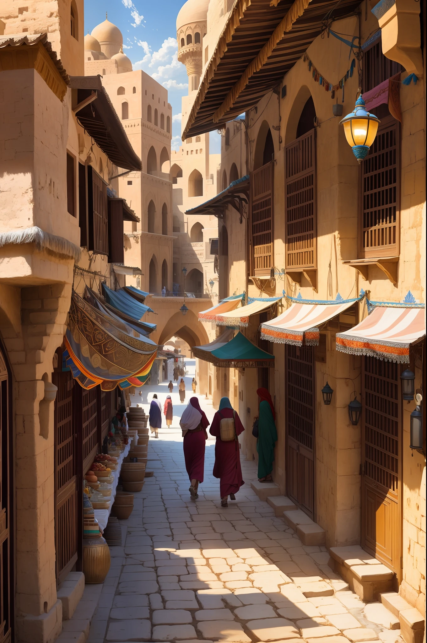(ultra-detailed CG illustration, best quality), streets of an ancient city in the middle-east, desert environment, palm trees, bridges, hot, sunny sky, a few clouds, full of people and livestock and carriages, historic bazars, ancient, old, dynamic atmosphere, lively, intricate details, cinematic lighting, bustling crowds, dynamic angle, colorful atmosphere, maximalism.