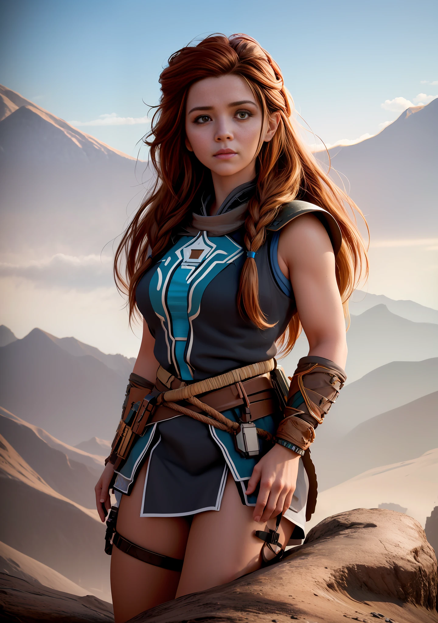 amazing beautiful background,epic movie poster ,professional photo portrait, an argentinian woman as Aloy from horizon zero down, real life photo, liveaction, on a top of a mountain, background for wallpaper, trending on artstation, unreal engine 5, beautiful clear natural lighting, professional lighting, dramatic lighting, FOV, depth of field