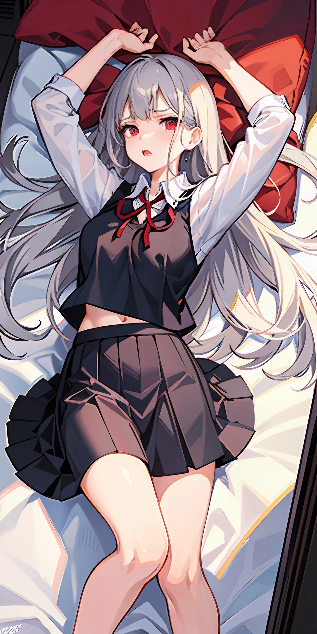 Masterpiece, Best quality, High resolution, Solo, Indoors, White shirt, Black skirt, Red ribbon, Disheveled clothes, Underwear, Lying, From above, Open arms, Angry, Bed, Disheveled clothes, Heavy breathing, Sexual expression