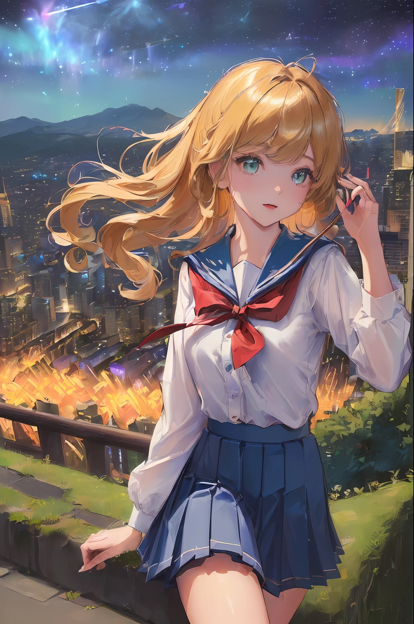 (((masterpiece: 1.5, best quality, high resolution: 1.3, super resolution, super detailed, ultra detailed:1.3, rich background:1.4))), ((close up)), 1girl, solo, green eyes, blonde long hair tied with blue ribbon, blunt bangs, cute hairpin, school uniform, white serafuku, red sailor collar, short sleeves, blue pleated skirt, (outdoor), (on top of hill), ((city scenery behind: 1.5)), scenery, ((nighttime)), dark, (lowlight: 1.1), moon, (moonlight: 1.2), ((dramatic light: 1.4)), (fireworks: 1.4)