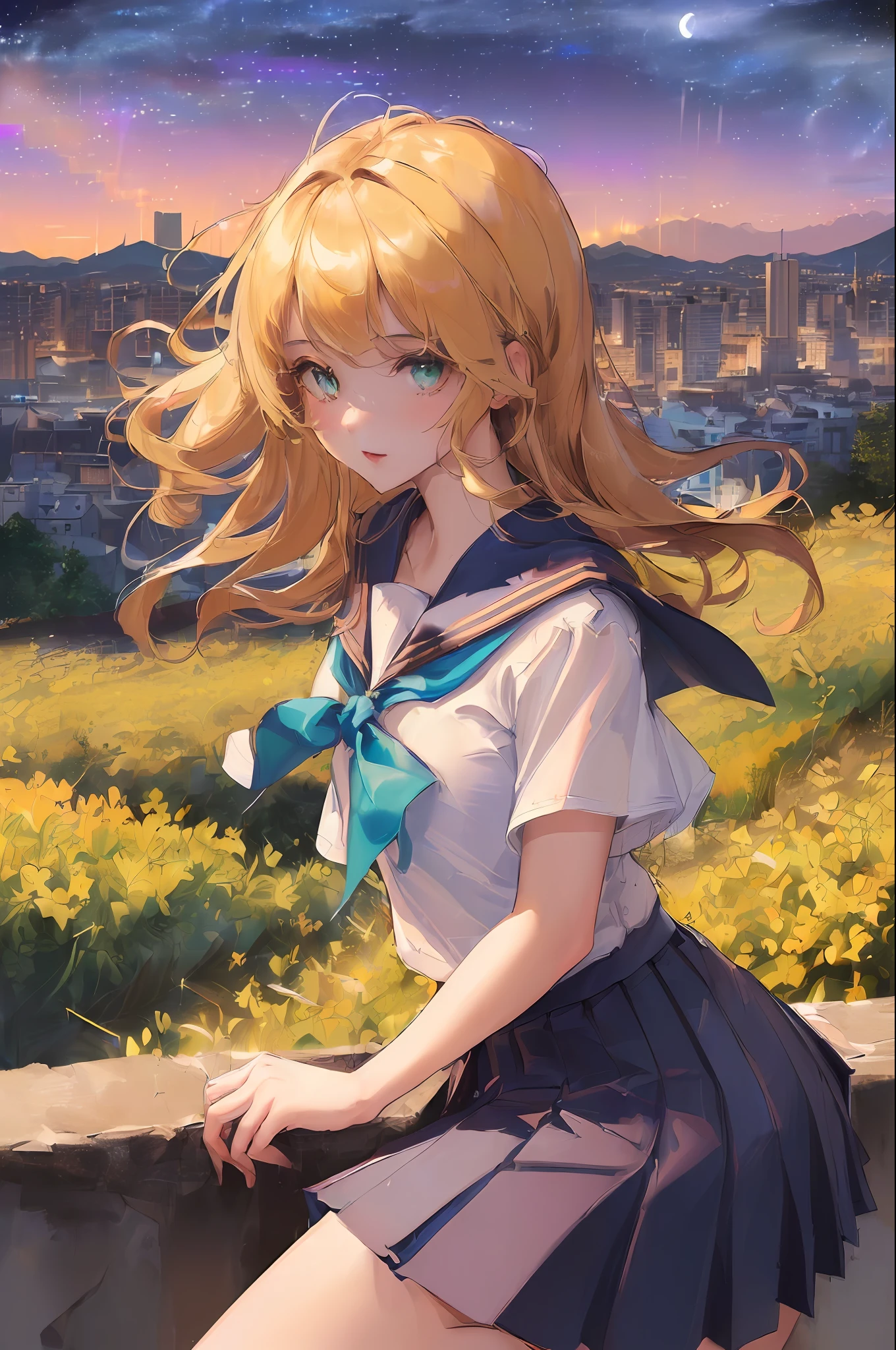 (((masterpiece: 1.5, best quality, high resolution: 1.3, super resolution, super detailed, ultra detailed:1.3, rich background:1.4))), ((close up)), 1girl, solo, green eyes, blonde long hair tied with blue ribbon, blunt bangs, cute hairpin, school uniform, white serafuku, red sailor collar, short sleeves, blue pleated skirt, (outdoor), (on top of hill), ((city scenery behind: 1.5)), scenery, ((nighttime)), dark, (lowlight: 1.1), moon, (moonlight: 1.2), ((dramatic light: 1.4)), (fireworks: 1.4)