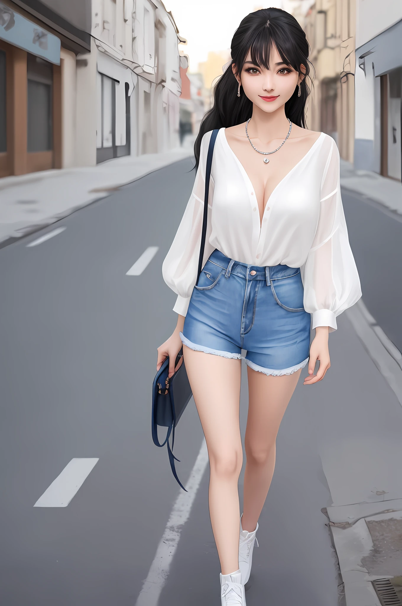 Realistic, textured skin, {best quality}, {highres}, beautiful and charming girl, full body photo, 18 years old, delicate and charming face, smiling, slender and charming figure, delicate and charming collarbone, sapphire necklace, Single ponytail, black hair, bright big eyes, pink lips, double eyelids, deep cleavage, (white silk shirt, sky blue denim shorts), walking on the empty street, confident and elegant posture, bright the background
