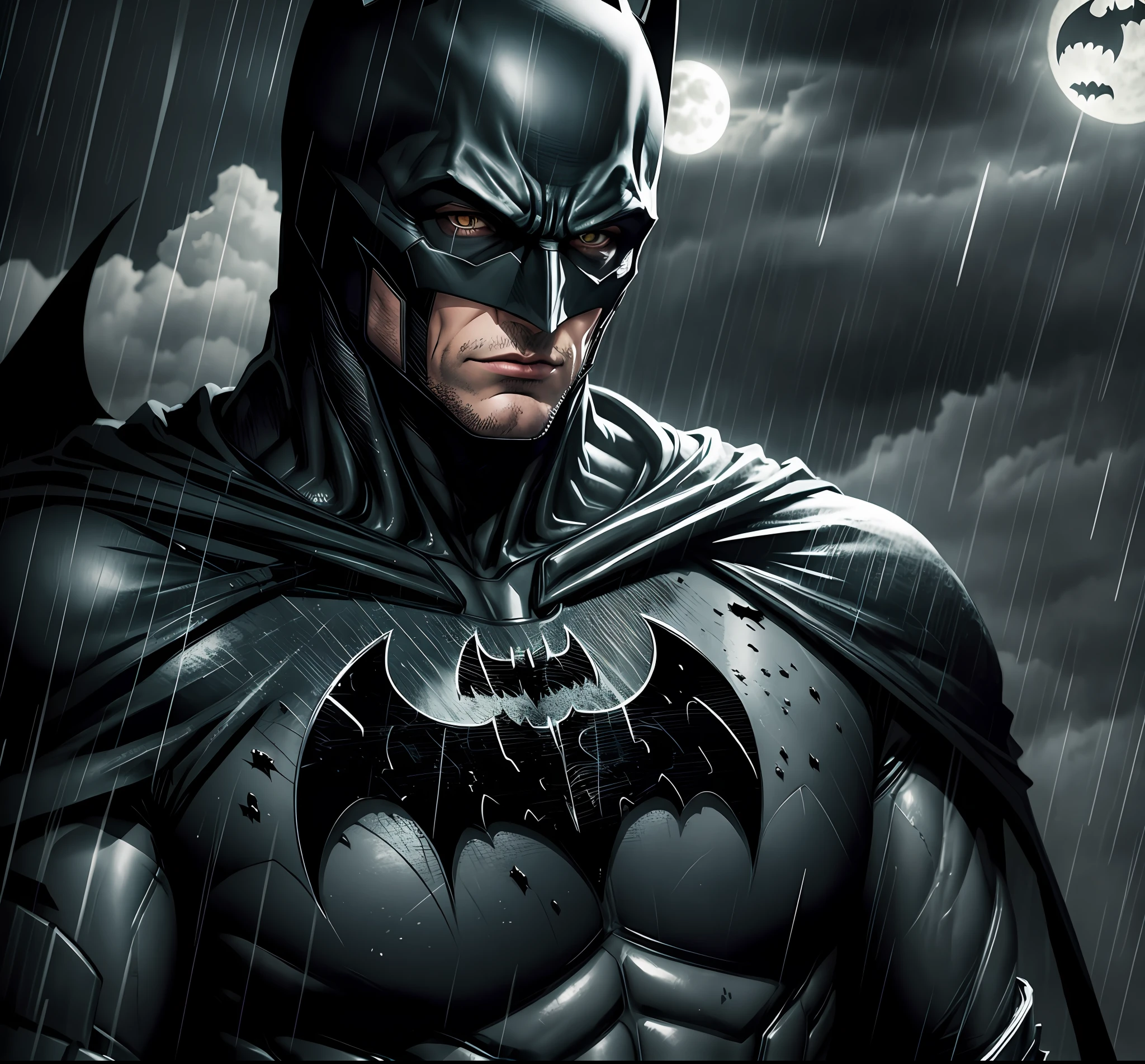 Batman, raining, dark, moonlight, dystopian, depressing, lonely, 8k, detailed, masterpiece