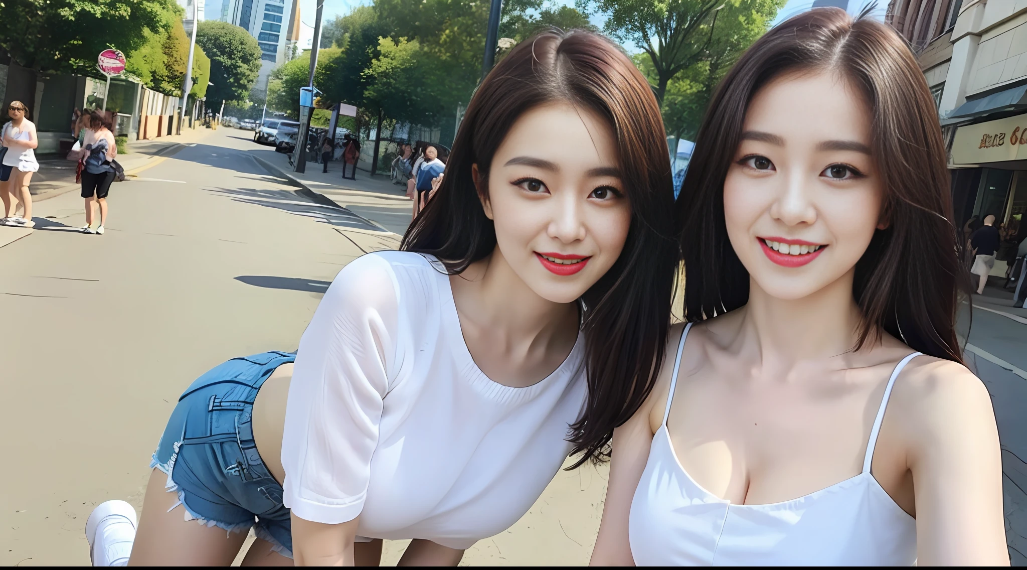 On the street, shorts, shorts, big breasts, sexy, beautiful women, high-definition, the most delicate face, smile, clear facial features,
