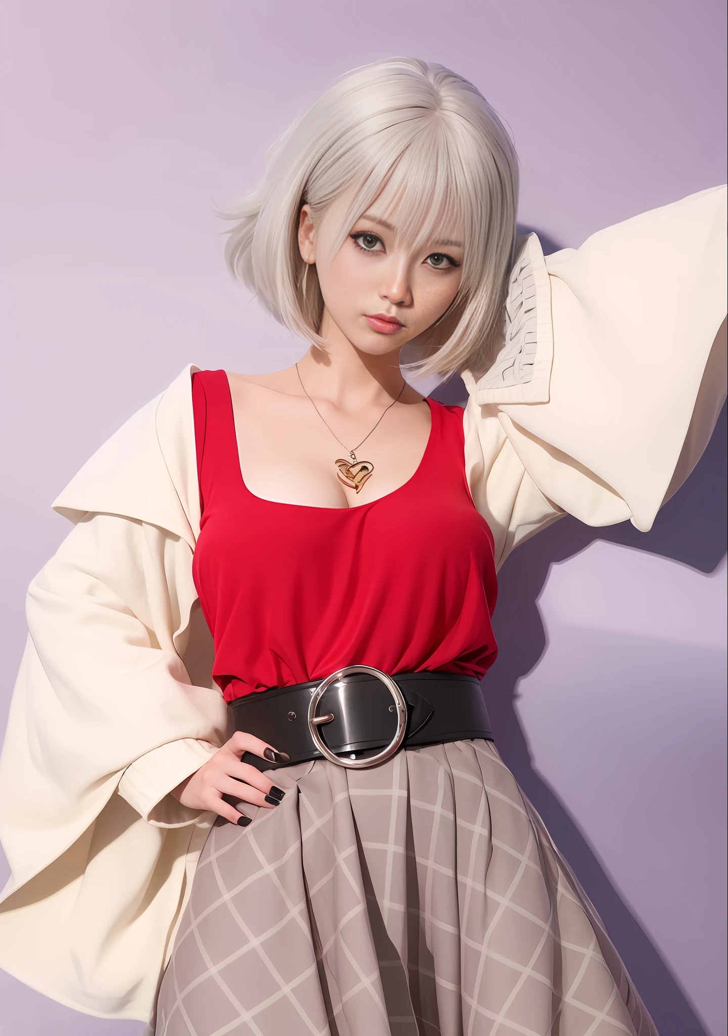 Closeup of a woman with white hair, anime style. 8k, realistic anime girl render, girl with short white hair, 3d anime style, april render, realistic anime 3d style, realistic clothing, cute 3d anime girl render, (8k, RAW photo, best quality, masterpiece:1.2 ), (realistic, photo-realistic:1.37), 1girl, solo, plaid striped skirt