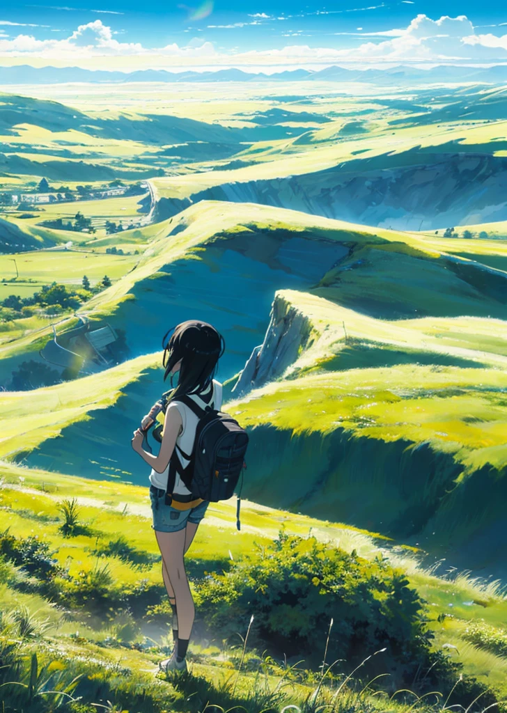 The vast sky, beautiful skyline, large grasslands; full of tension, surreal visual effects; the Polaris hanging high, under the colorful natural light, a girl in shorts with a backpack walks on the grassland.