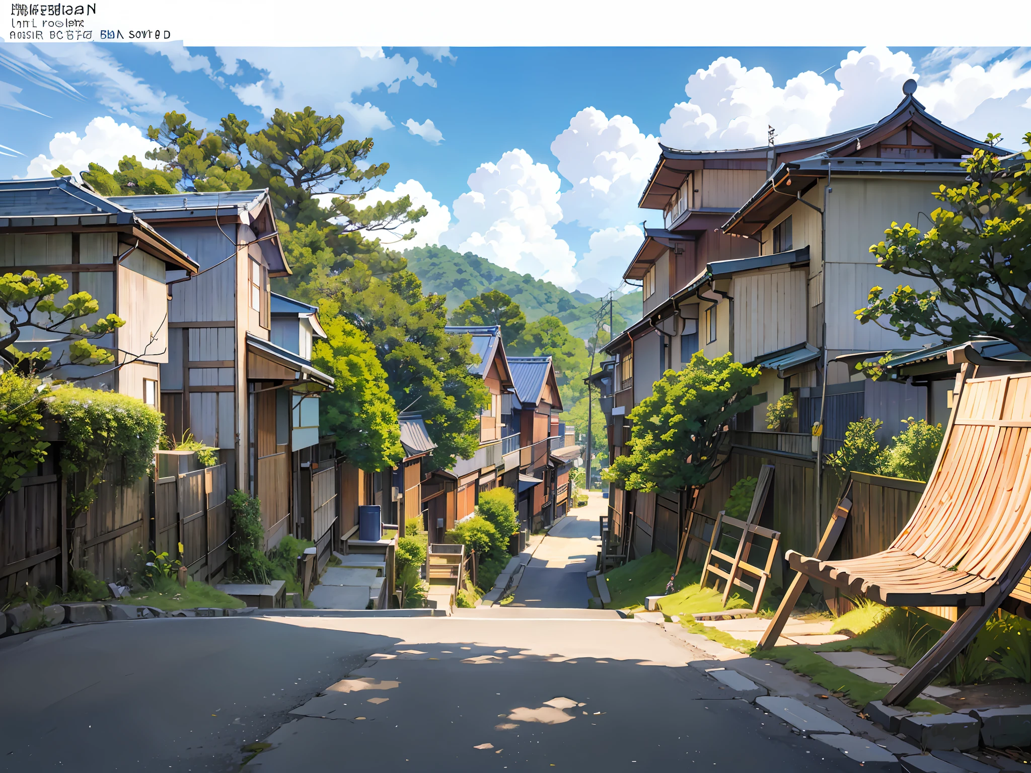 (Japanese town Landscape), (Hayao Miyazaki Style), cartoon, japanese rarely townhouse, (few house), (town down the hill, road, bend, small house), pole, white cloud, calm landscape, outdoor, green trees, epic composition, realistic lighting, high-definition detail, masterpiece, the best quality, (very detailed CG unified 8k wallpaper), --v6