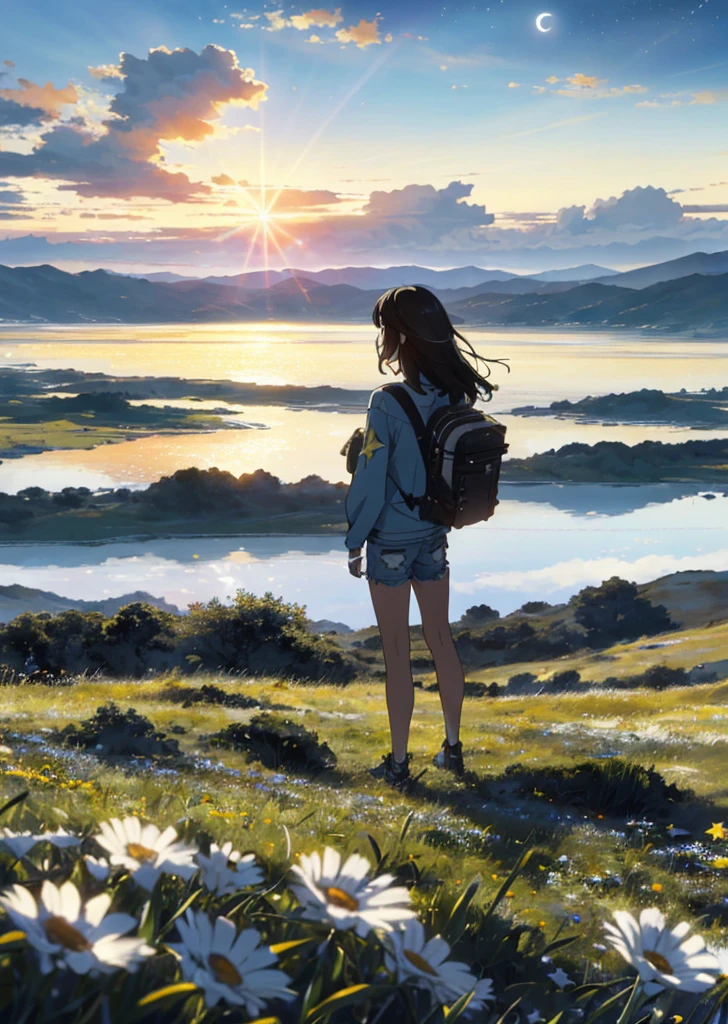 (Full of tension, full of dramatic picture), (vast sky), (beautiful skyline), (large grassland), (high hanging North Star), (colorful natural light), (long-sleeved top), (denim Shorts),(girl, carrying a backpack),(black hair),(slightly curly hair),(back view),(silhouette in the sun):(0.8), (moving visual effect),(large area of grass), (Flowers in the grass), (NASA-level stars), (fresh, natural lighting), (a new moon), (beautiful sunrise), (dynamic photographer&#39;s angle): (scenery details) ,(Brightly colored landscape),(Clear and sharp depth of field),(Pure blue sky): (0.5)