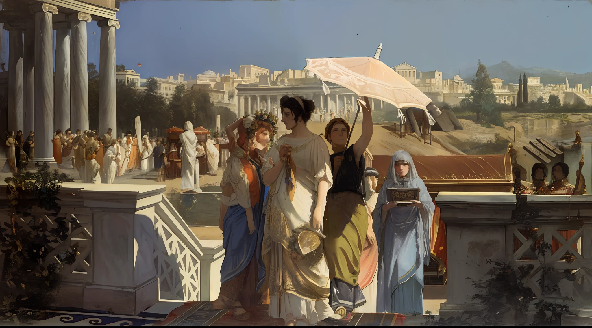 painting of a woman holding an umbrella standing on a balcony, market in ancient rome, by Antonio Ciseri, dressed in roman clothes, by Julius Klinger, ancient roman style, by Emanuel Leutze, tadema, neoclassicist painting, by Gustave Boulanger, ancient roman painting, neoclassic painting, roman toga, neoclassical paintings