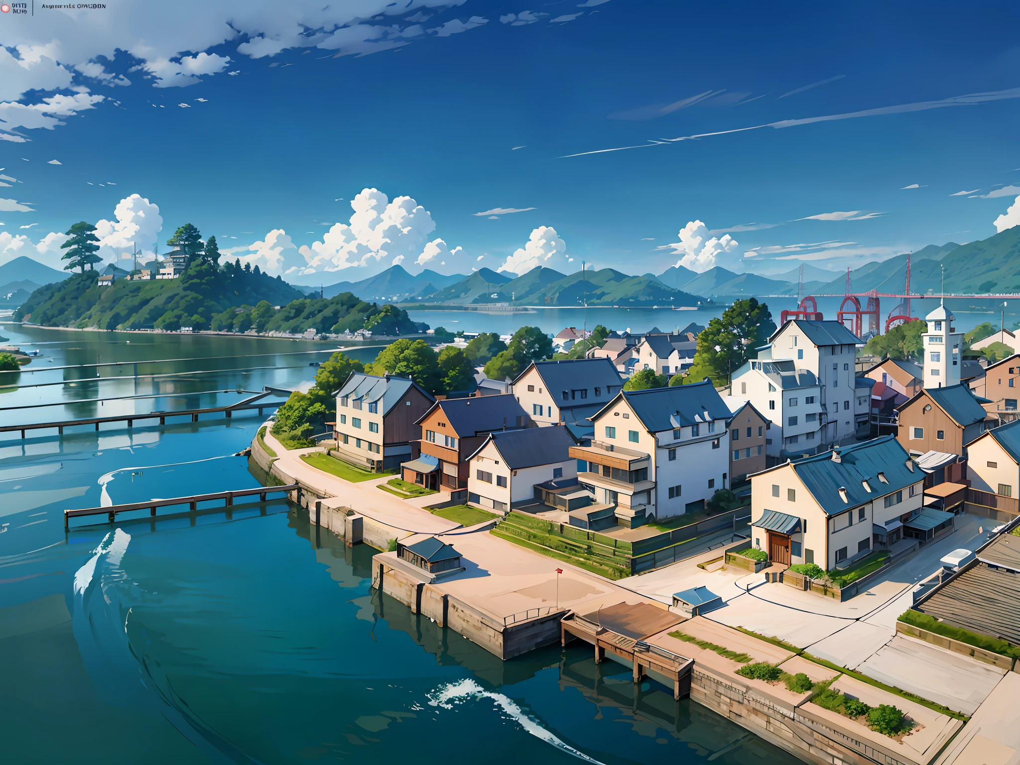 (Japanese town Landscape), (Hayao Miyazaki Style), cartoon, expansive views, (few house), (downhill, riverside, pier, ferry, bend, small house), tree, pole, white cloud, calm landscape, outdoor, green trees, epic composition, realistic lighting, high-definition detail, masterpiece, the best quality, (very detailed CG unified 8k wallpaper), --v6